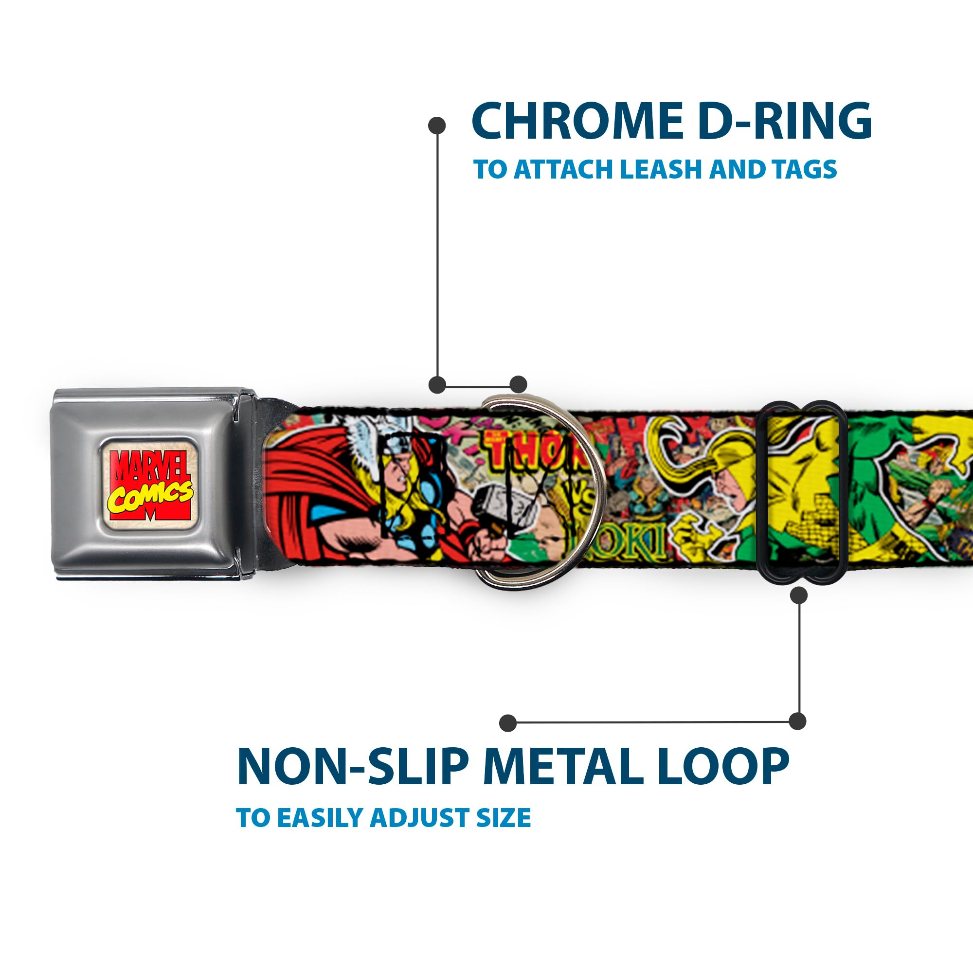 Buckle-Down Seatbelt Buckle Dog Collar - Thor & Loki Poses/Retro Comic Books Stacked - 1.5 Wide - Fits 18-32 Neck - Large