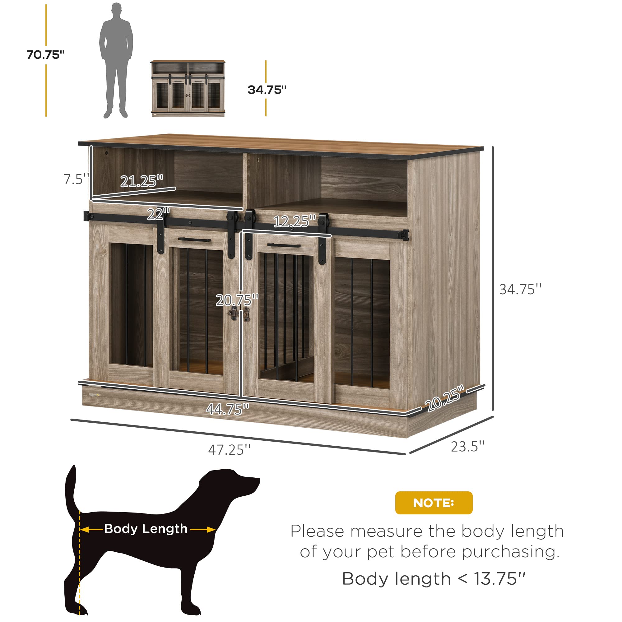 PawHut Dog Crate Furniture for Large Dogs or Double Dog Kennel for Small Dogs with Shelves, Sliding Doors, 47 x 23.5 x 35, Oak