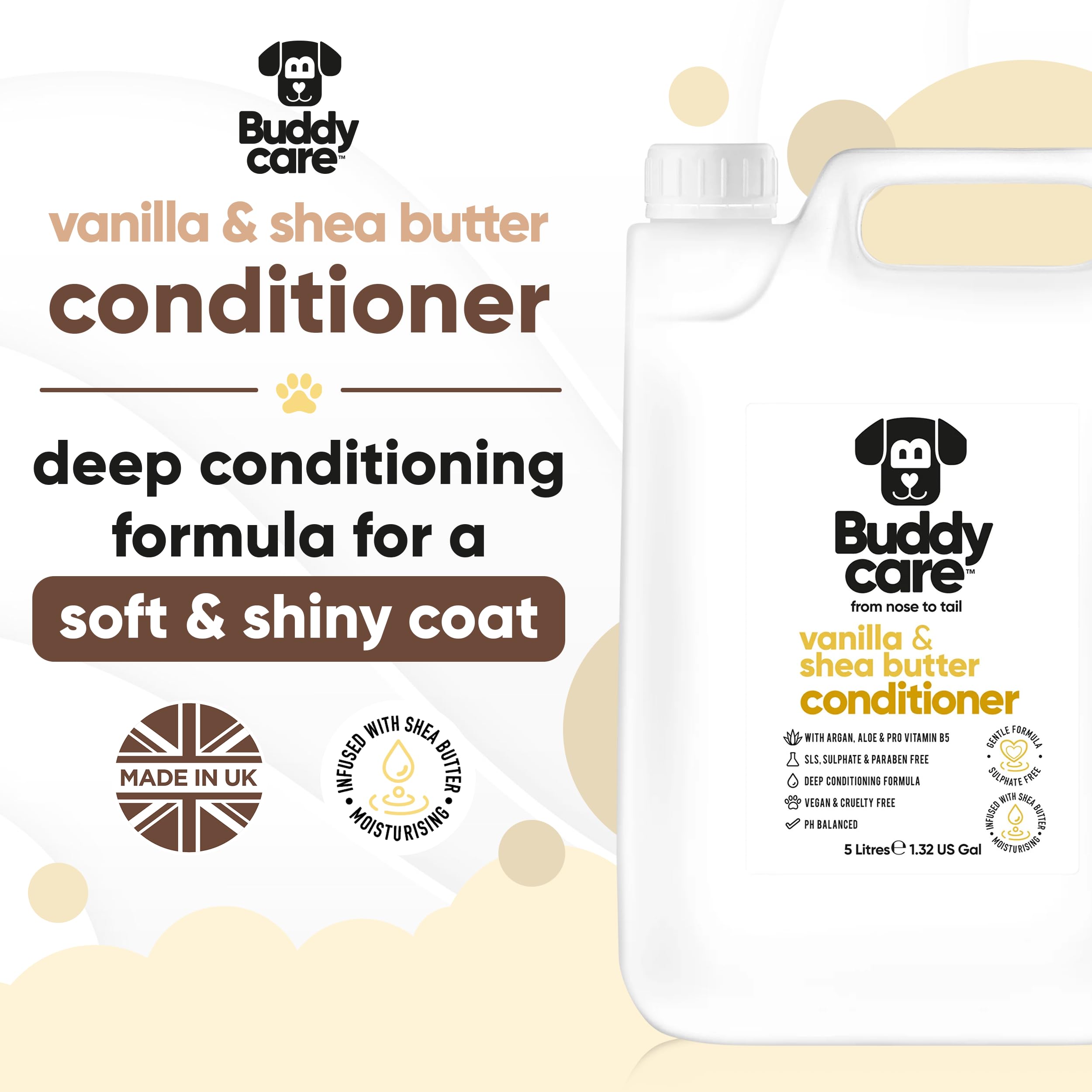 Buddycare Vanilla & Shea Butter Dog Conditioner (169.07oz) Aloe Vera, Argan Oil & Pro Vitamin B5 to Detangle Matted Coats & Reli