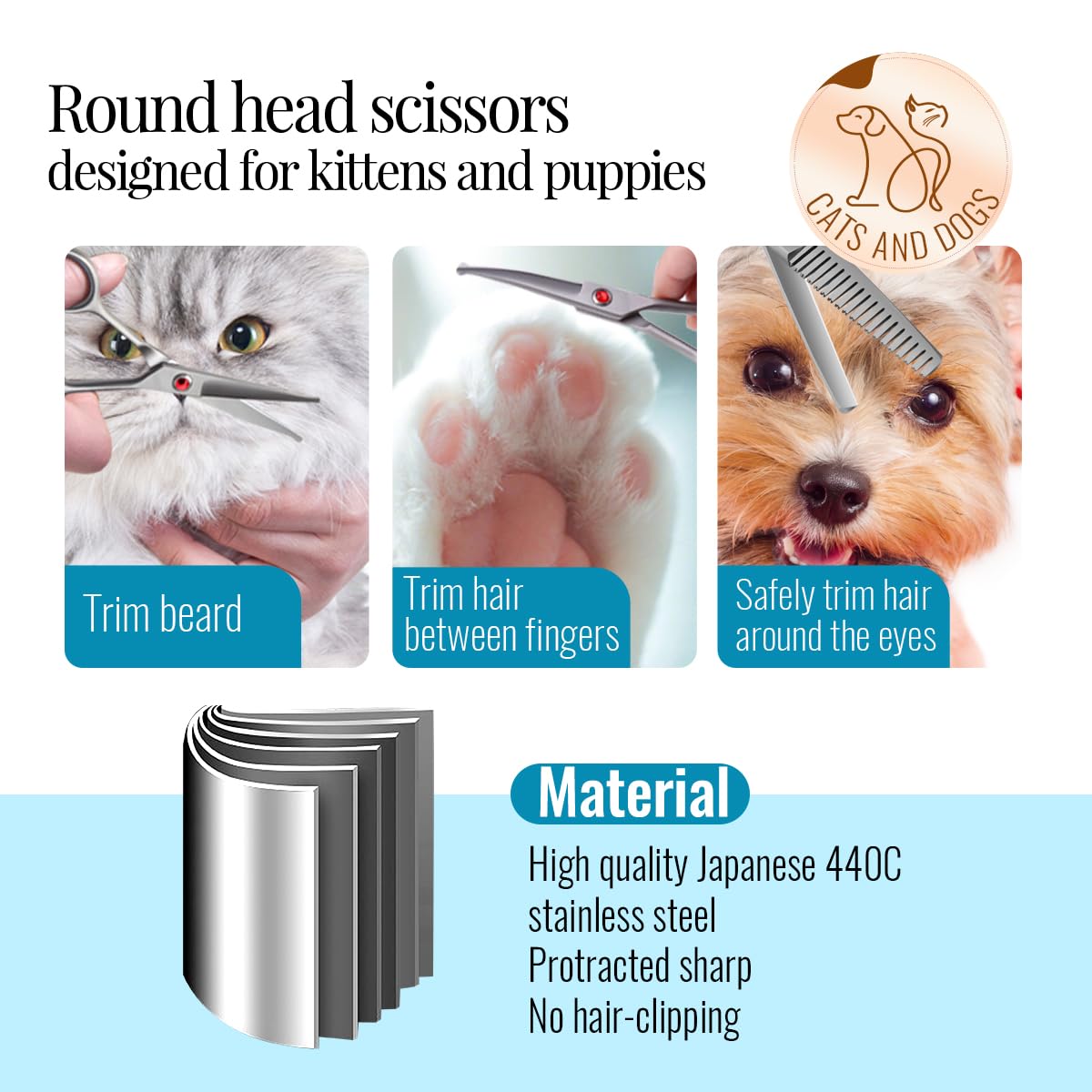 Fogosp 4.5'' Dog Grooming Scissors - 3 Pcs Curved & Straight Thinning Shears For Small Dogs & Cats - Japan 440C Stainless Steel