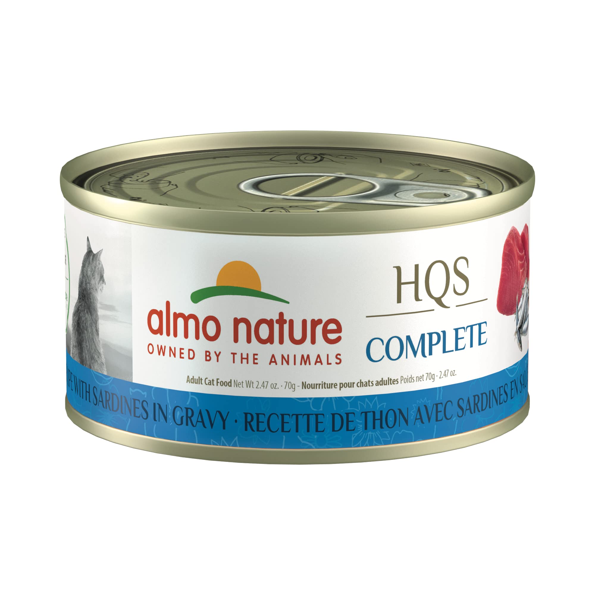 almo nature HQS Complete CAT Wet Cat Food Tuna Recipe with Sardines in Gravy - Grain-Free Cat Food Canned, 2.47 oz (Pack of 12)