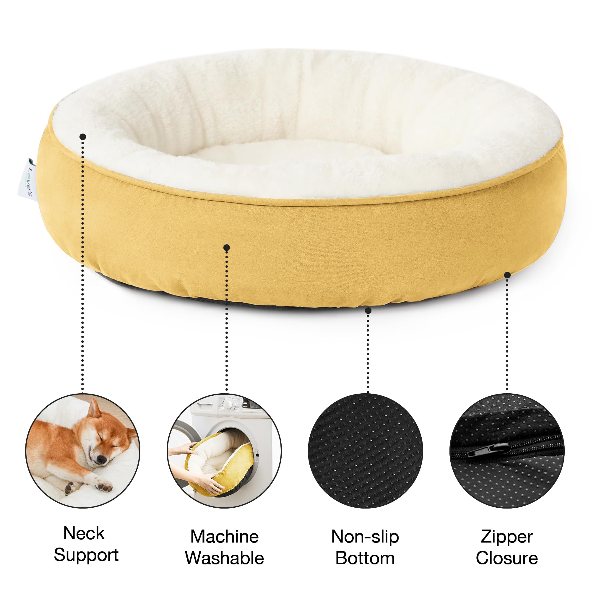 Love'S Cabin Round Donut Cat And Dog Cushion Bed, 25In Pet Bed For Small Or Medium Dogs, Anti-Slip & Water-Resistant Bottom, Soft Durable Fabric Pet Beds, Washable Calming Cat & Dog Bed Yellow