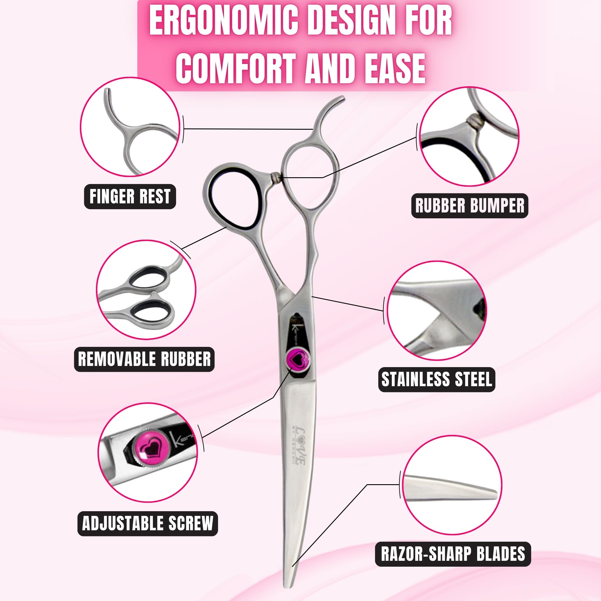 Kenchii Left Handed Dog Grooming Scissors | 7 Inch Shears | Curved Scissors For Dog Grooming | Love Collection Dog Shears | Pet Grooming Accessories | Pet Hair Trimming Scissor