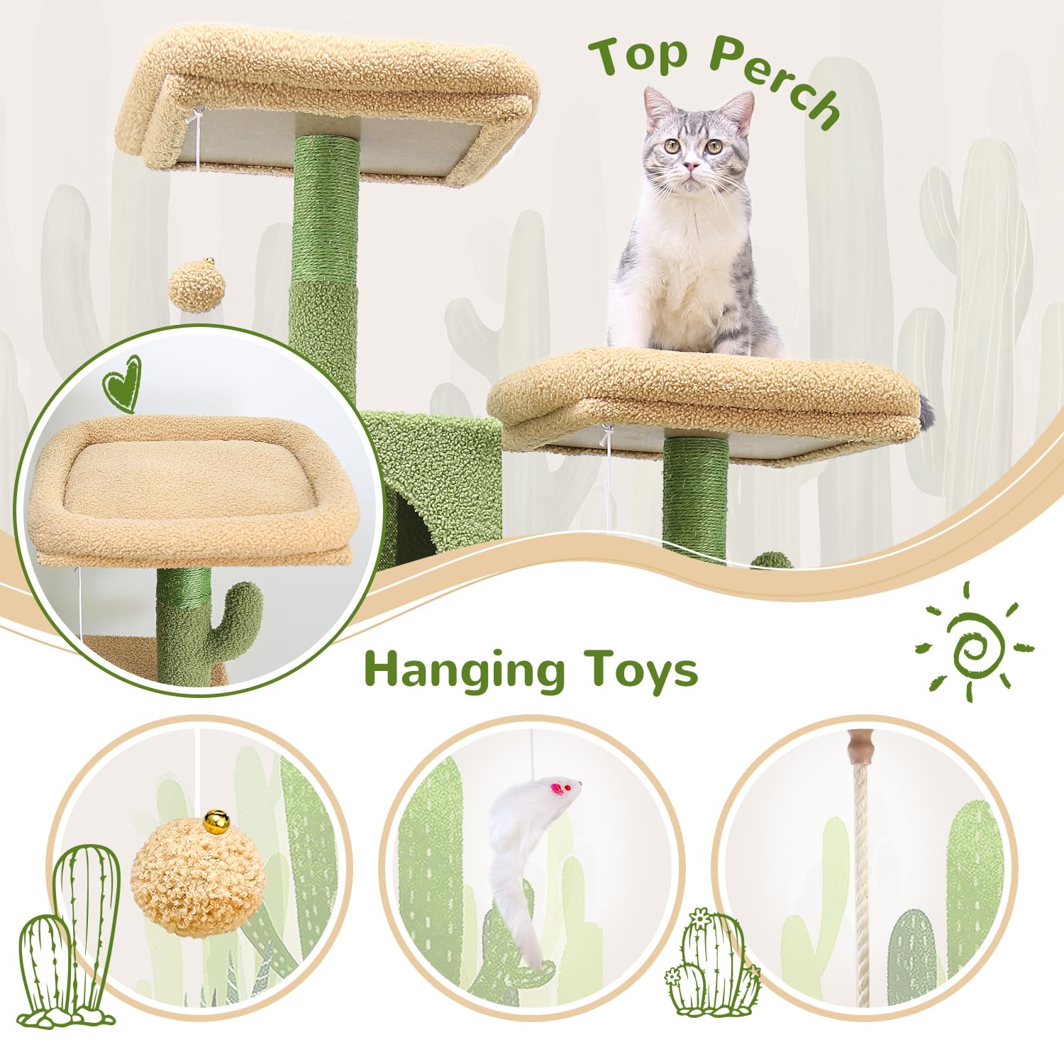 Globlazer F76 Cactus Cat Tree Tower 76-Inch Extra Tall Multi-Level Cat Furniture With Cozy Condos,Interactive Toys And Perches F