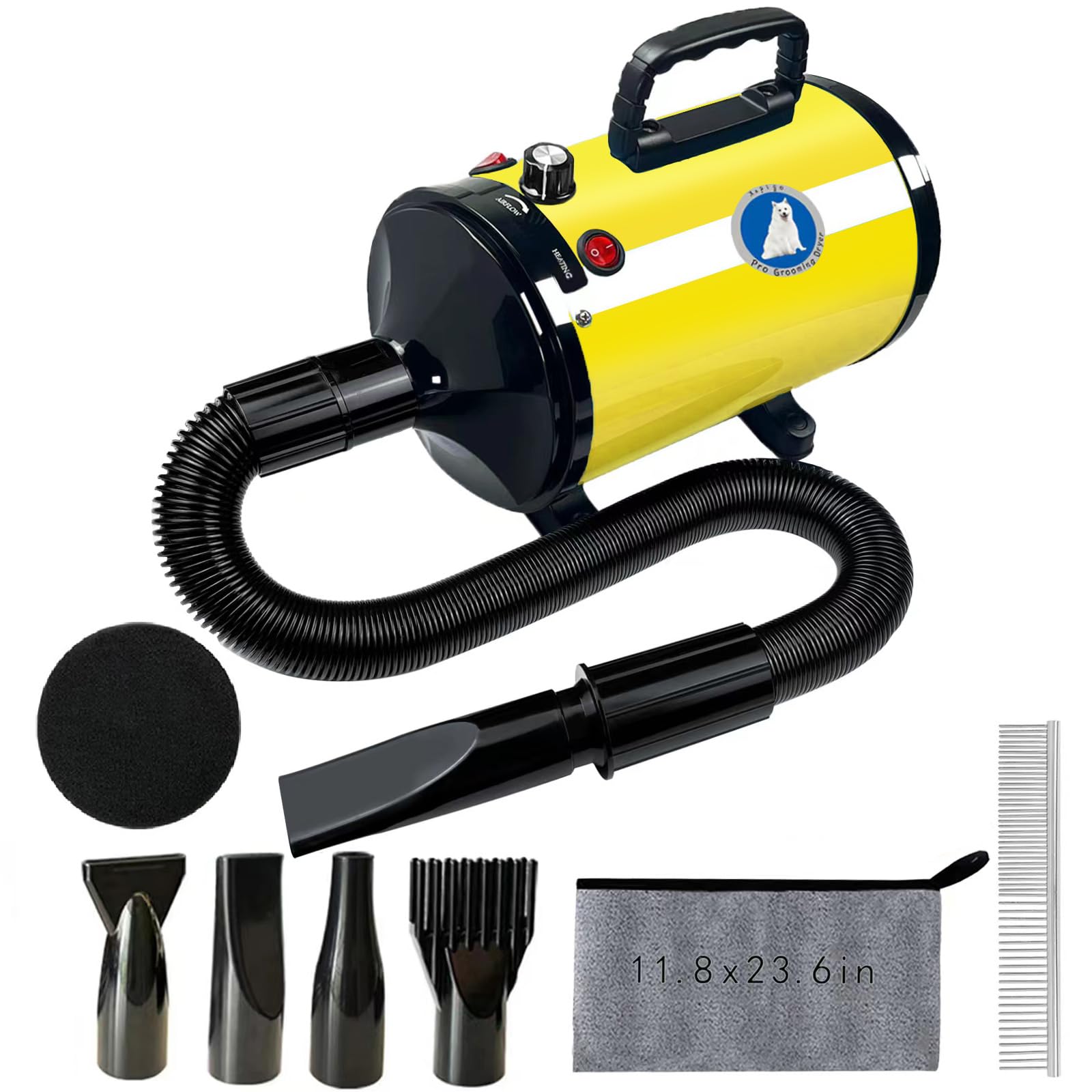 Dog Dryer, Dog Hair Dryer Blower Dog Blow Dryer And Temperature Control Pet Blower Dryer With 4 Different Nozzles. (Yellow)