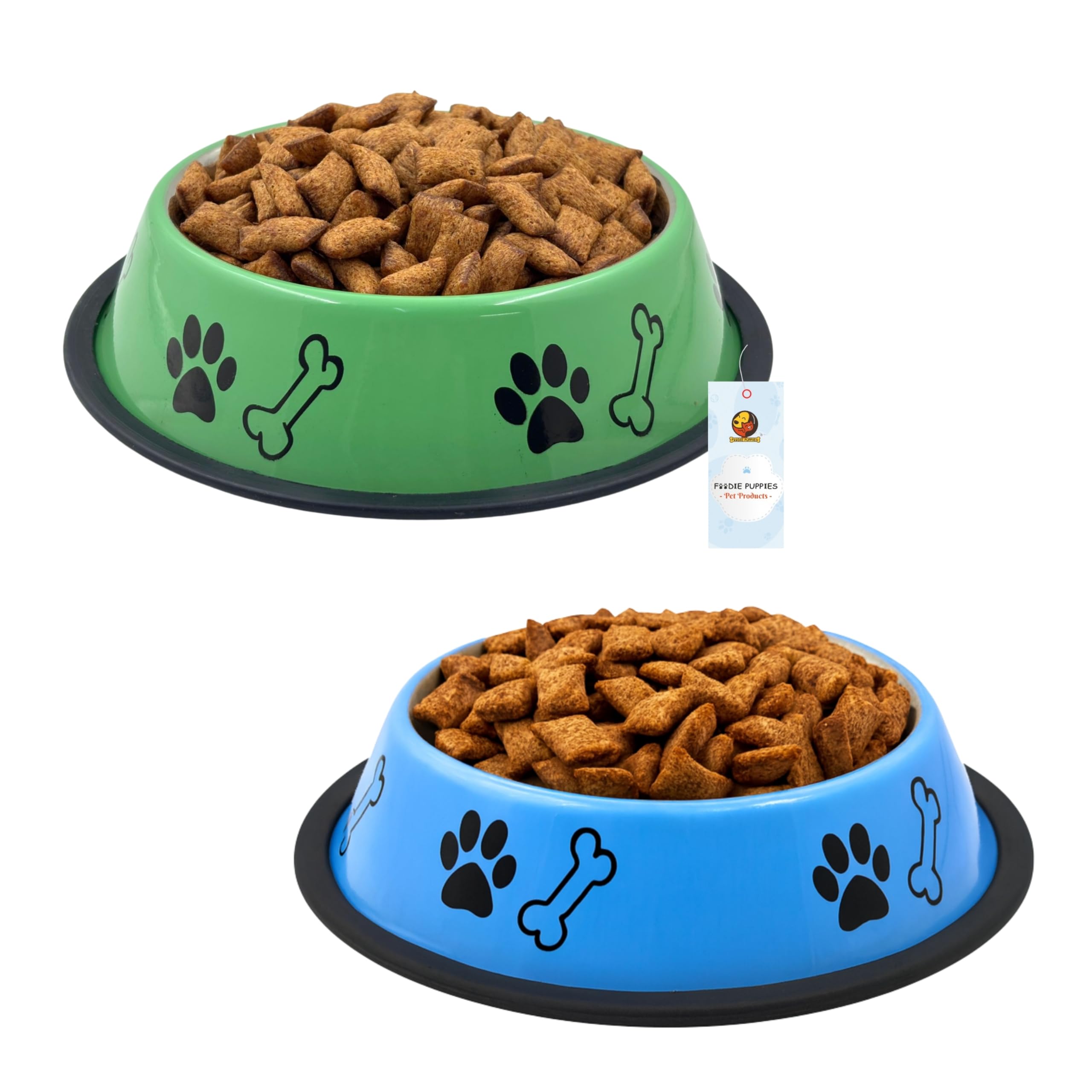 Foodie Puppies Stainless Steel Dog Bowl Combo (Medium, 700Ml, Green + Sky Blue) | AntiSkid Rubber Base, Paw Bone Print, Food An
