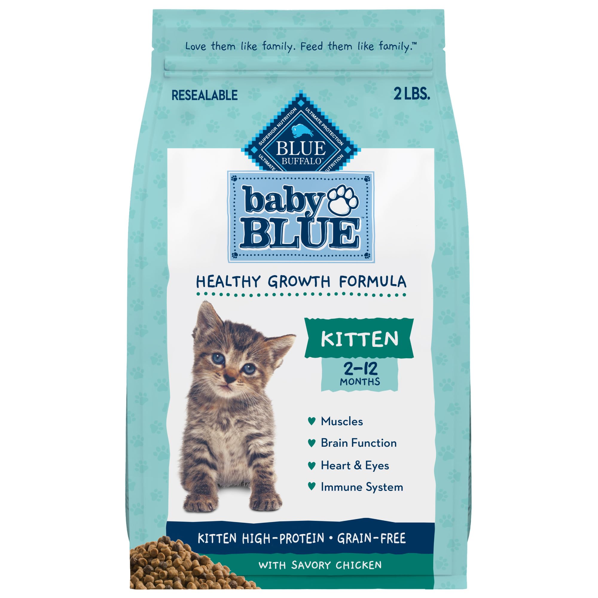 Blue Buffalo Baby BLUE Natural Kitten Grain-Free Dry Cat Food, High-Protein Healthy Growth Formula with DHA, Savory Chicken, 2-l