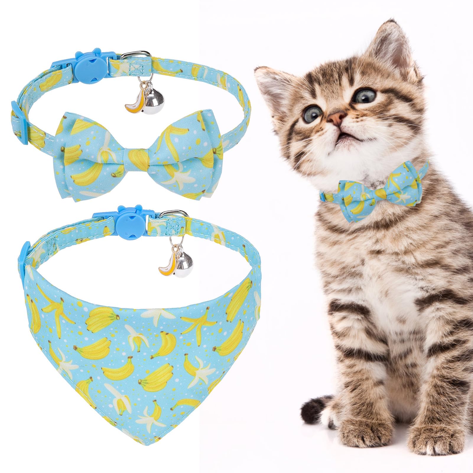 Expawlorer Cute Cat Collar Breakaway With Bells - 2 Pack Fruit Adjustable Pet Collar With Removable Bow Tie And Bandana, Safety 
