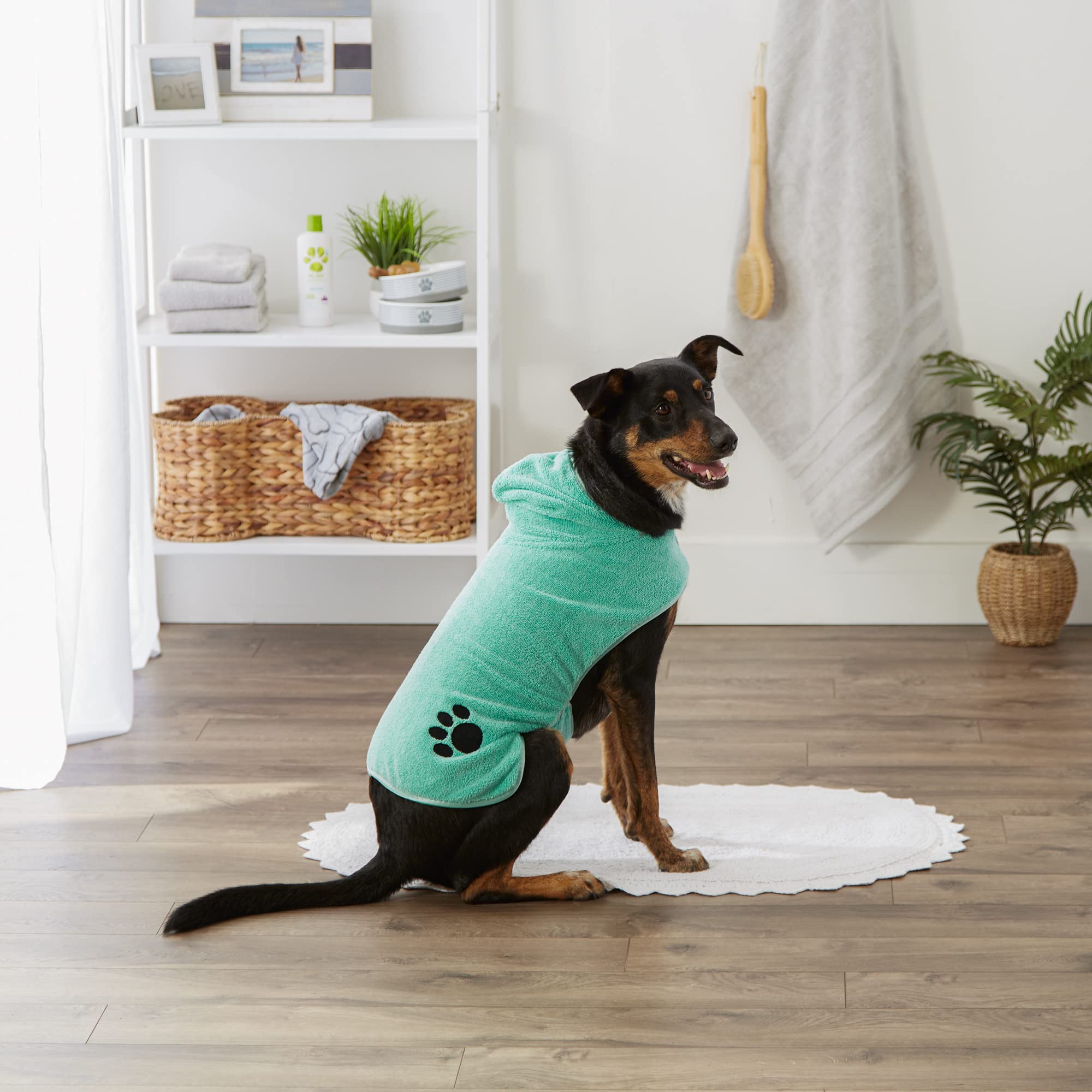 Bone Dry Pet Robe Collection Embroidered Absorbent Microfiber Bath Robe With Adjustable Closure, For Dogs & Cats, Large, Aqua