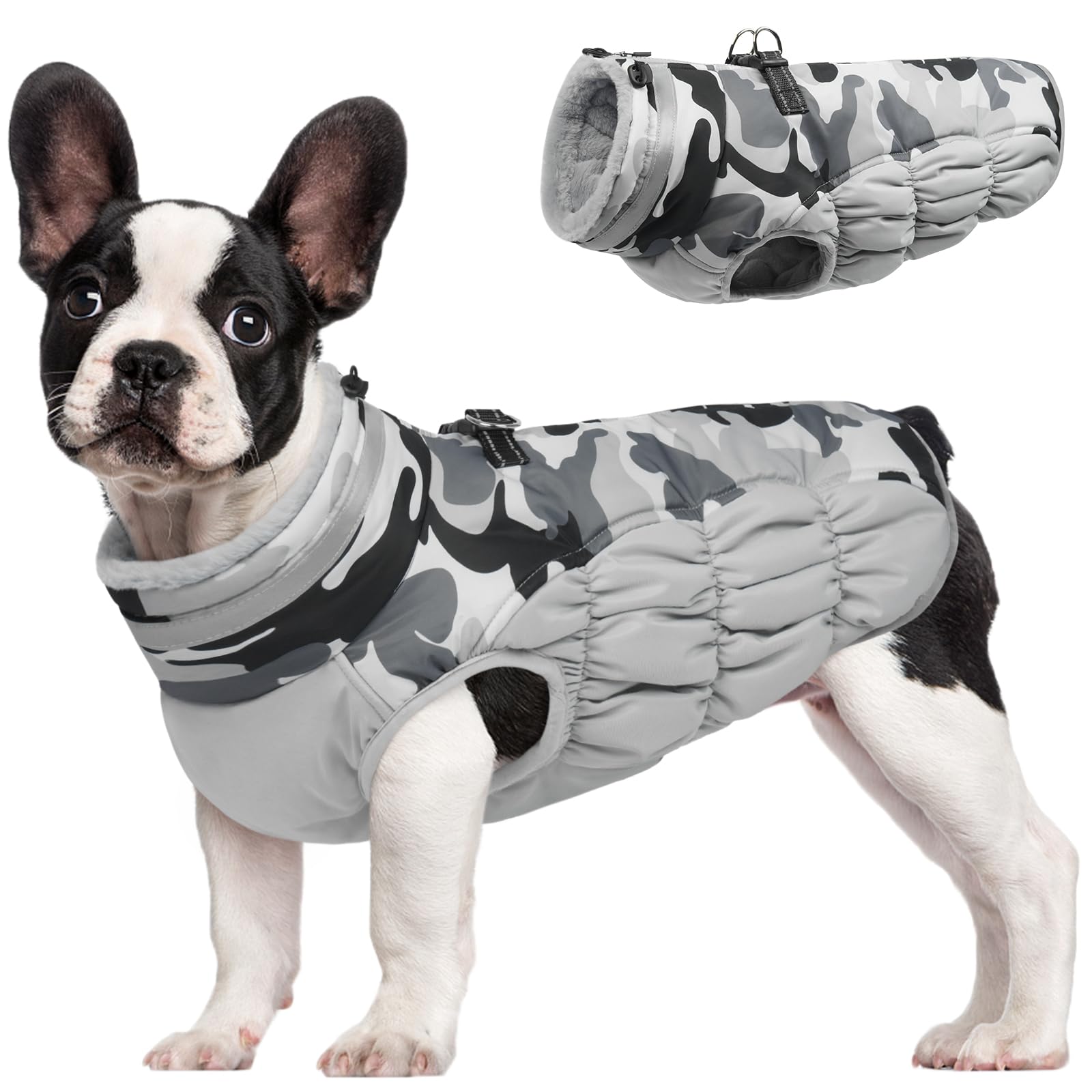 Fuamey Dog Winter Jacket, Padded Dog Vest With Built-In Harness, Water Resistant Coat, Grey Camo, S, M, L