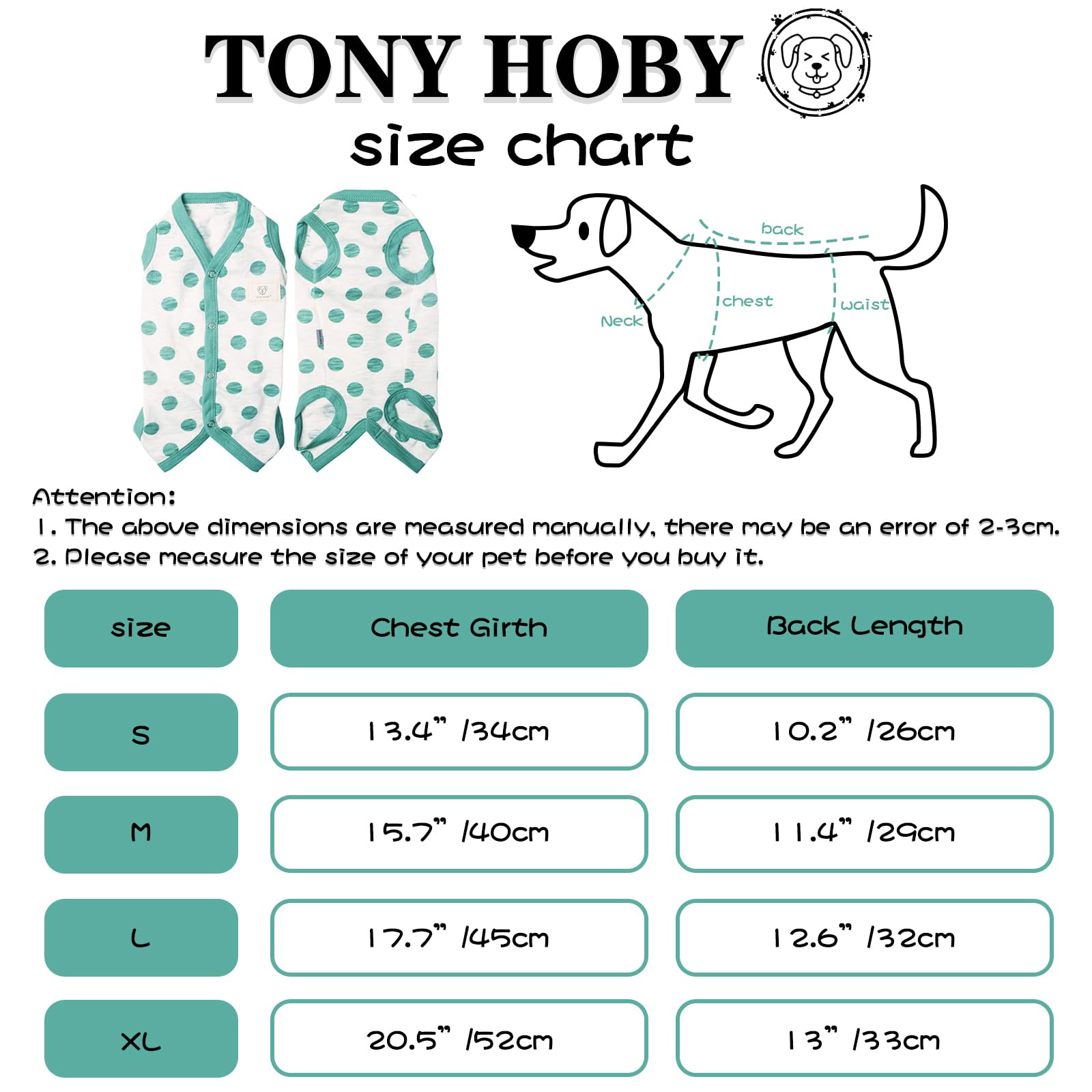 Tony Hoby Summer Dog Jumpsuit, Soft Breathable Dog Pajamas With Polka Dots (Dark Green, L)