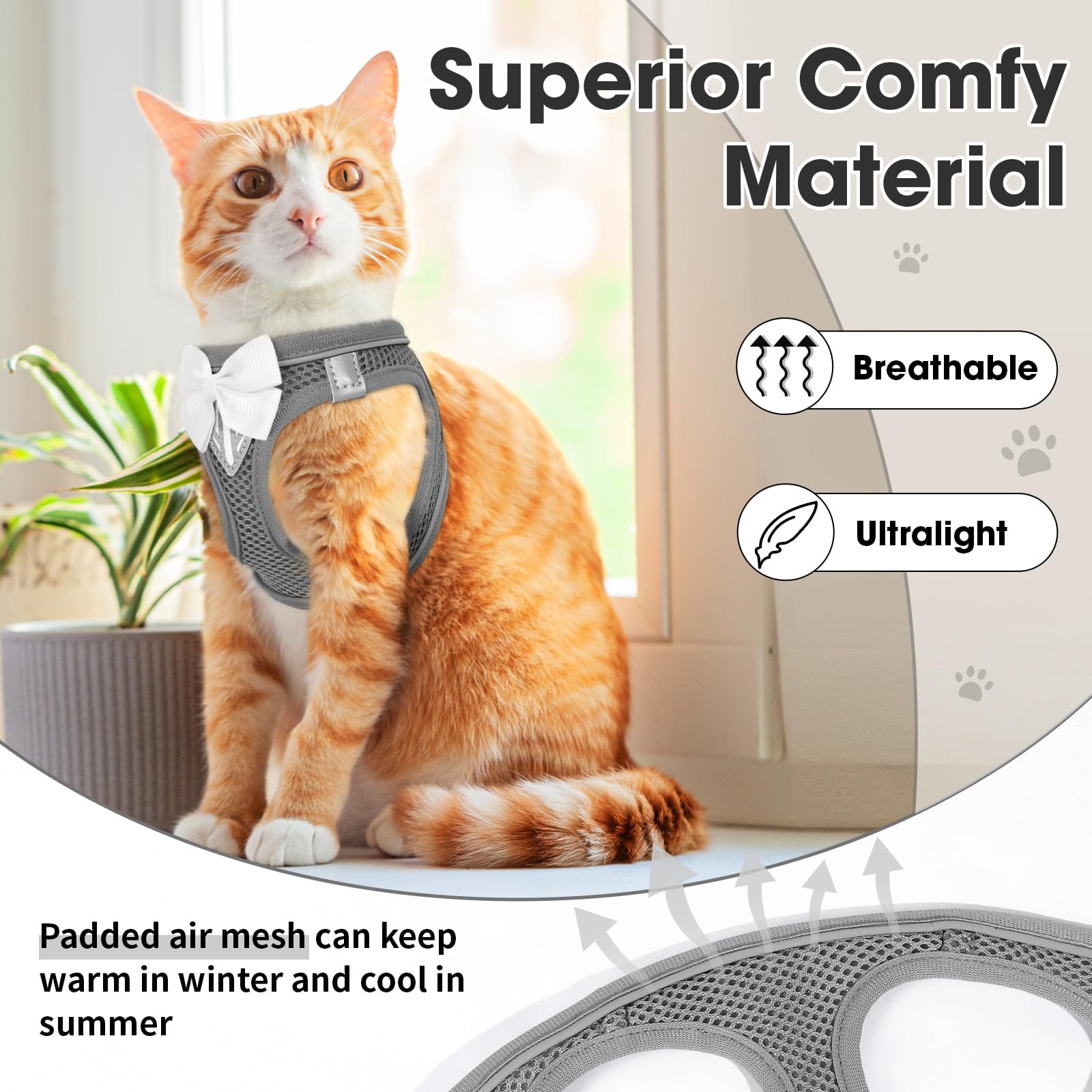 Cat Vest Harness And Leash Set For Walking Escape Proof, Adjustable Kitten Harness Breathable Mesh With Reflective Strips Harnes