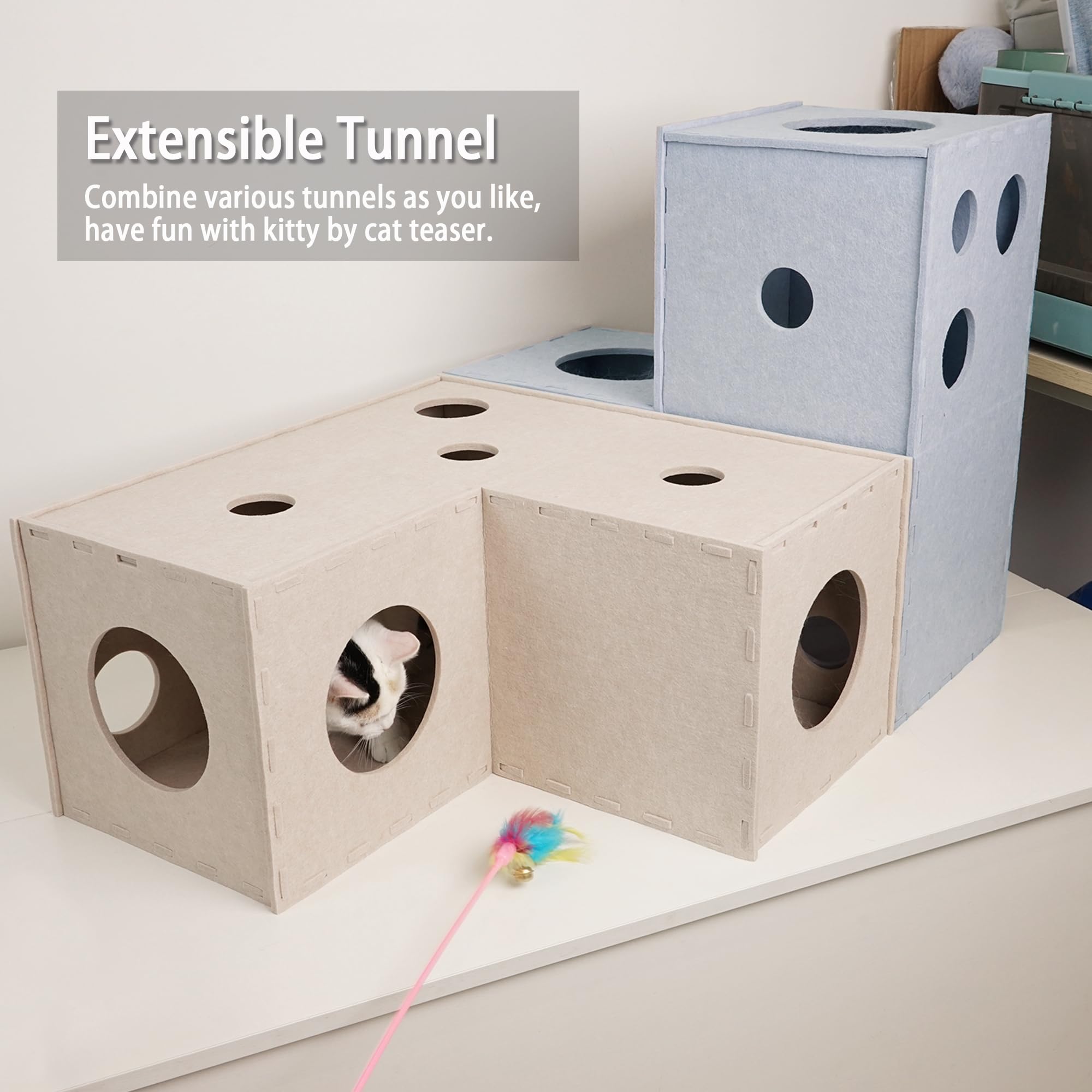 PETKARAY Cat Tunnel - L-Shape Felt Hideaway for Indoor Cats, Beige, Interactive Peek Hole, Large Kitten Play Tube