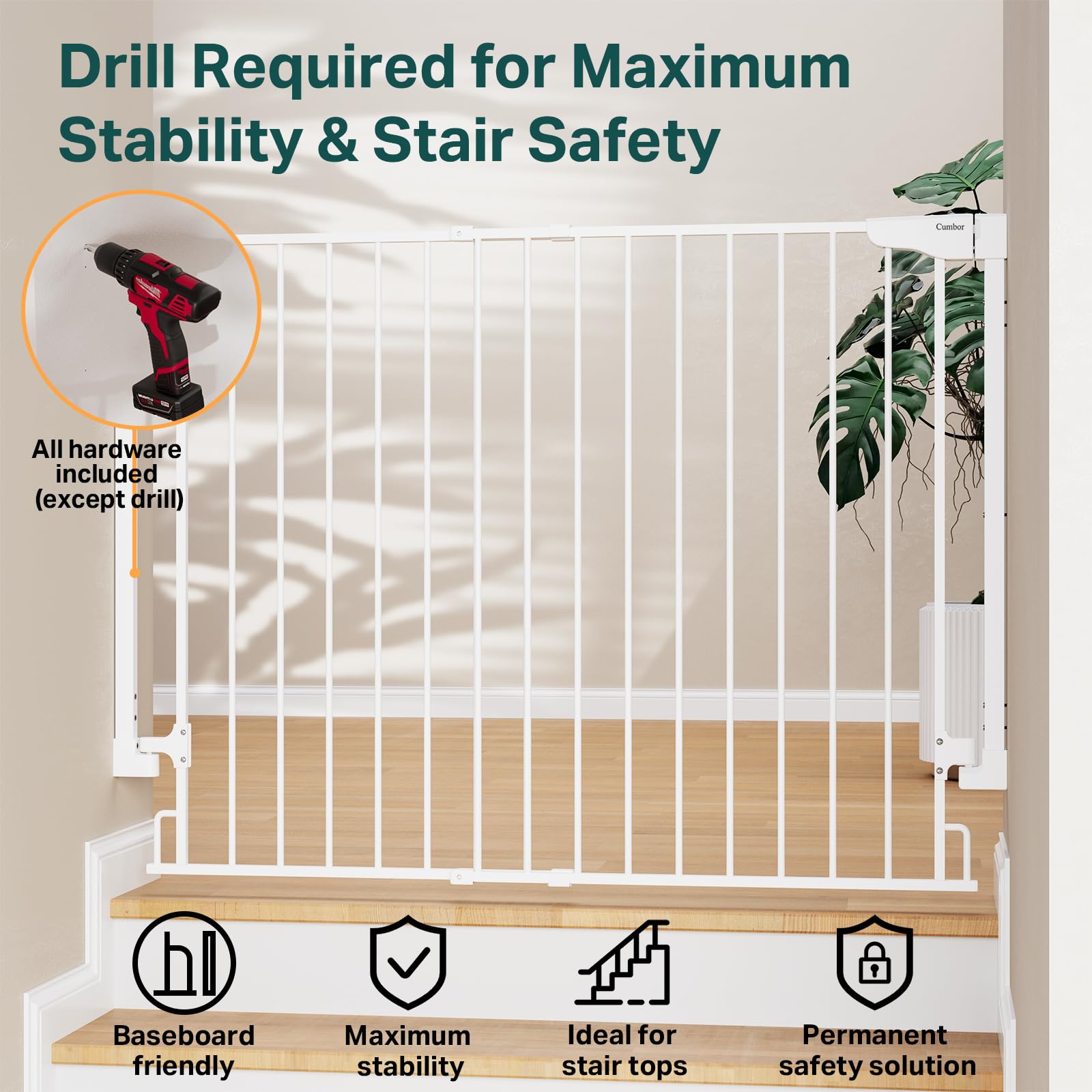 Cumbor 34 Extra Tall Baby Gate for Stairs, Wall-Mounted (Drill Required), Expandable 31.6-48 No Bottom Bar Dog Gate Indoor for L