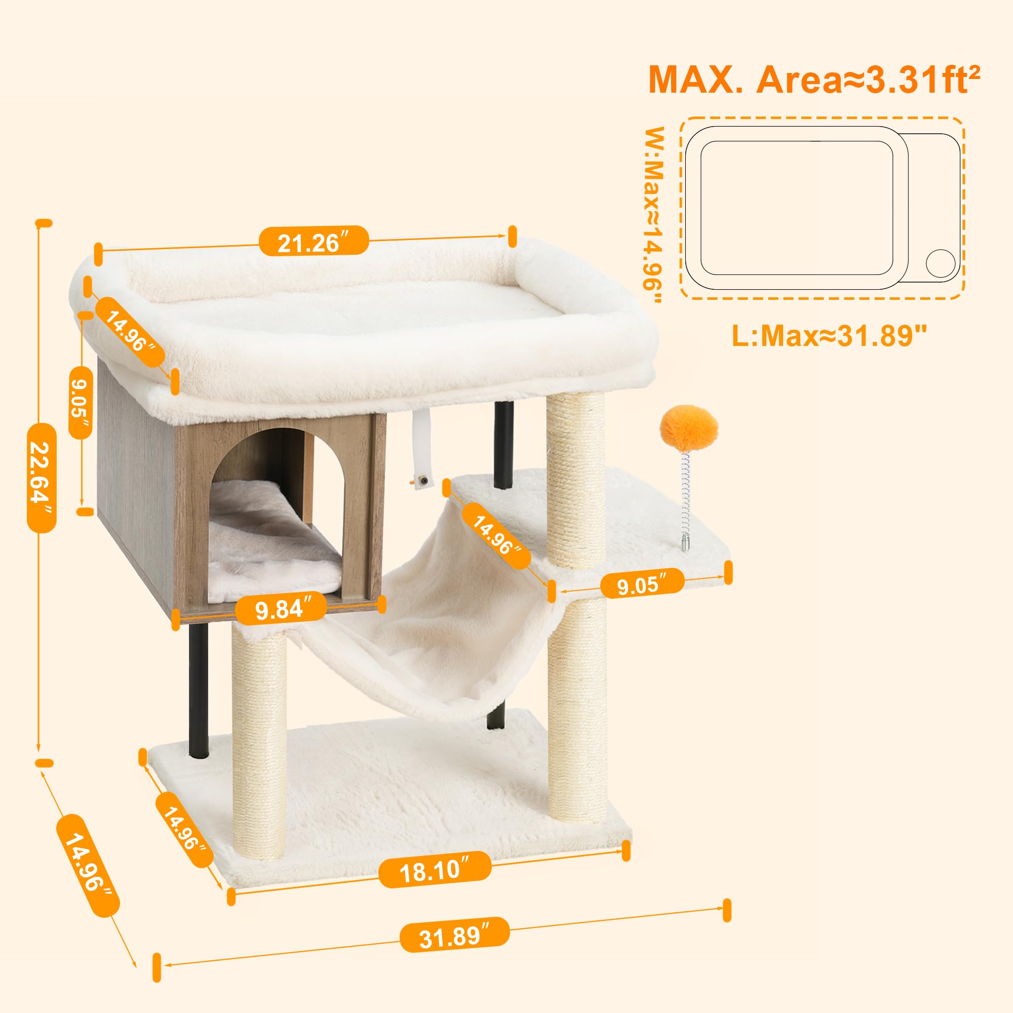 Heybly Cat Tree Tower, Wooden Cat Condo Cave For Indoor Kittens, Large Platform For Adult Cat, Big Padded Perch For Maine Coon,