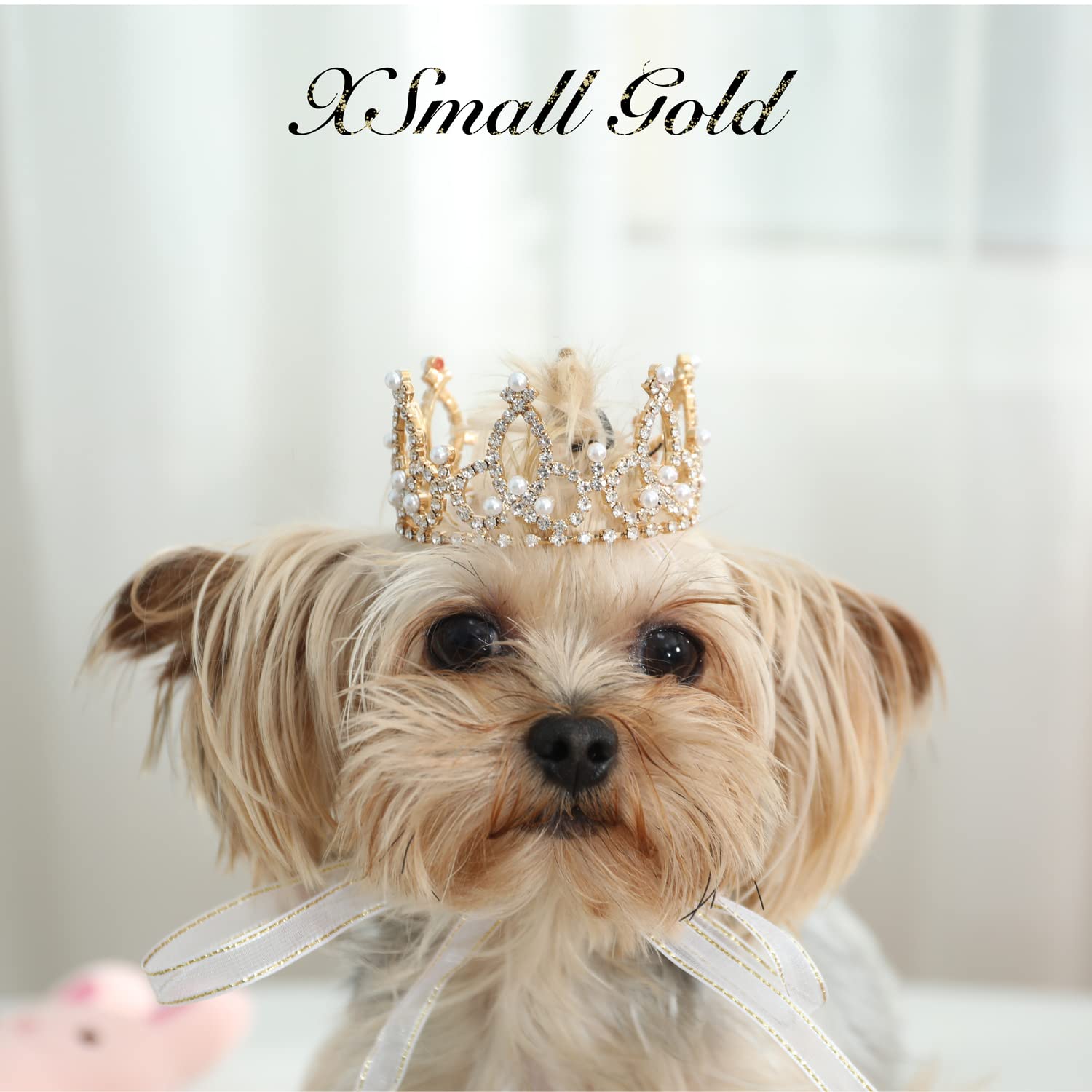 Lovelyshop Gold Plated Dog/Cat Crown with Rhinestones & Pearls, Medium Size, Metal, Model LS/PET-2022-M-G