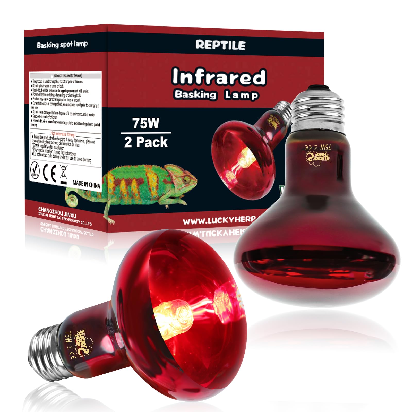 LUCKY HERP Infrared Heat Lamp 75W 2 Pack,Reptile & Amphibian Basking Spot Light Bulbs, Red Heat Lamp Bulbs for Reptiles, Bearded