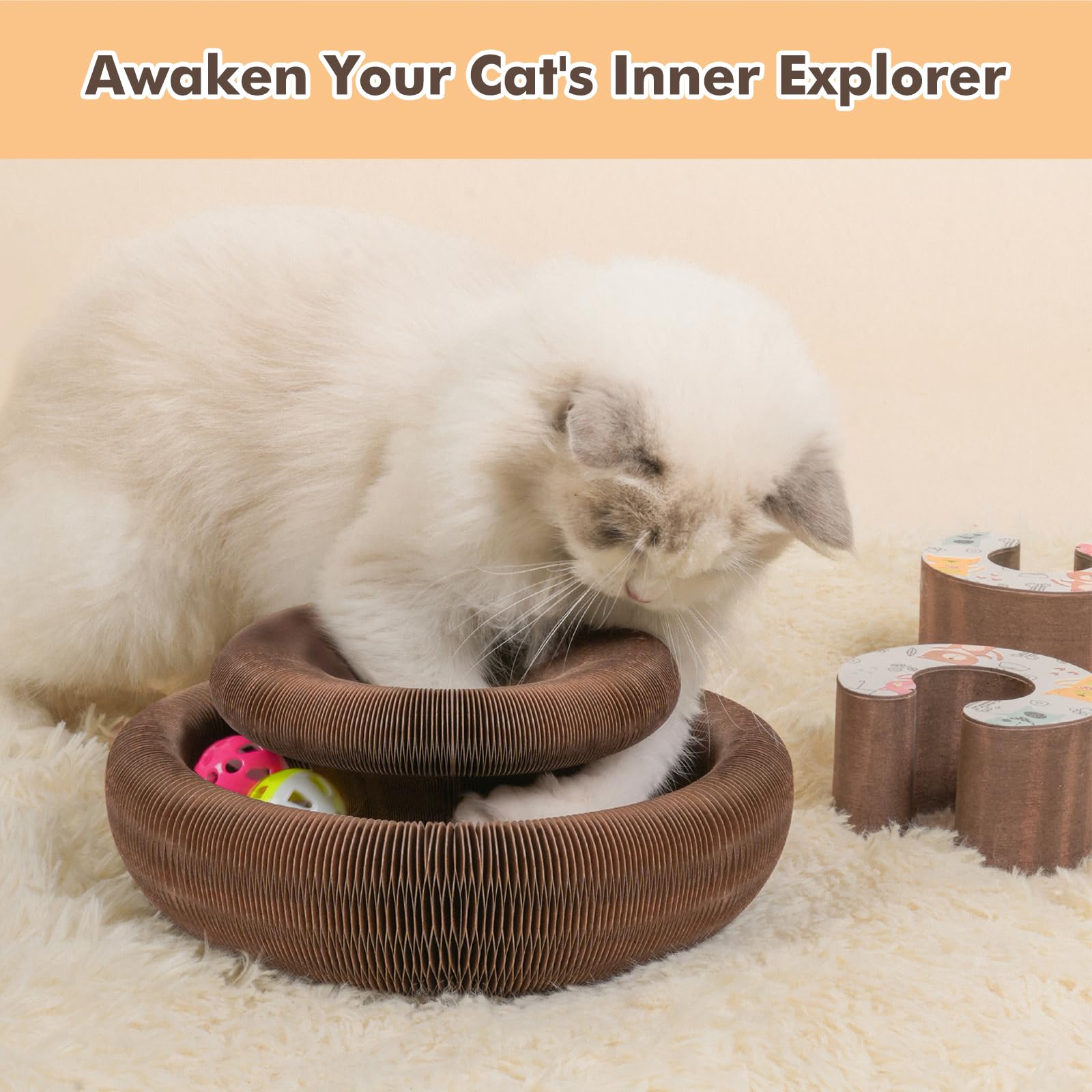 Konoator Magic Organ Cat Scratching Board - Foldable Interactive Cat Toy With 2 Bell Balls, Durable Cardboard Design For Indoor