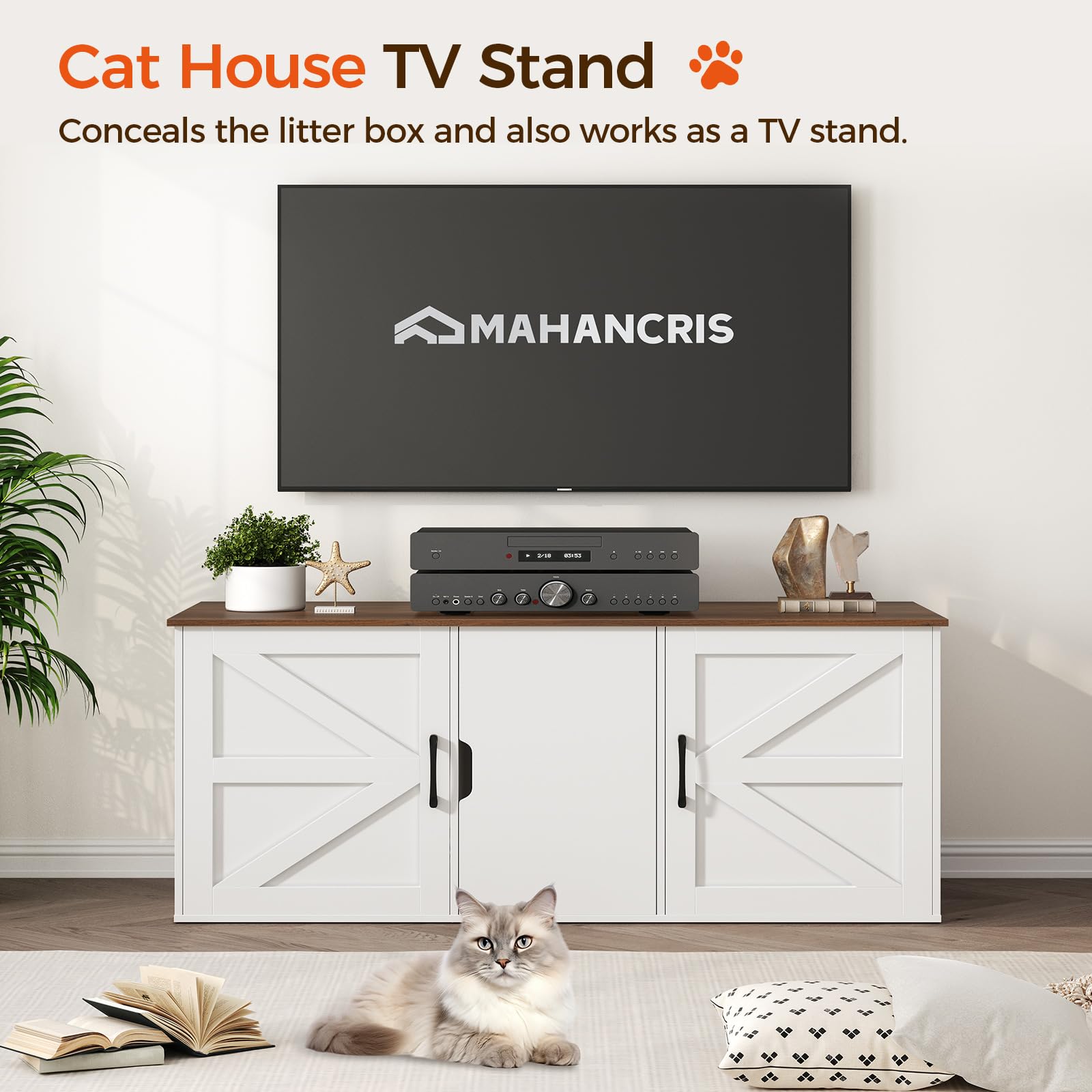 MAHANCRIS Cat Litter Box Enclosure for 2 Cats, 47.2 Hidden Cat Litter Box Furniture with Double Rooms, Wooden Litter Box Furnitu