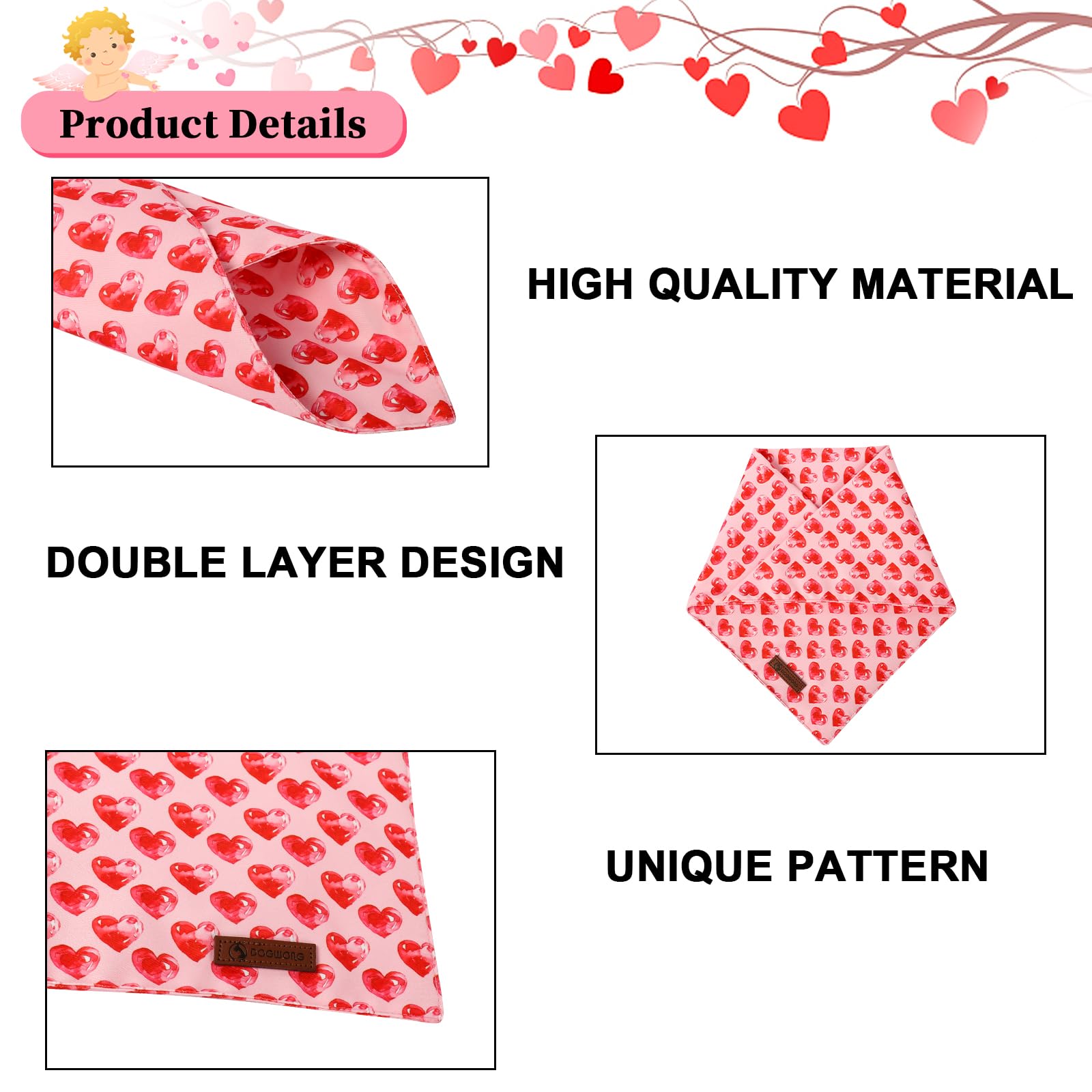 Dogwong Valentine'S Dog Bandanas 2 Pack, Pink Triangle Reversible Love Heart Pet Scarf Durable Girl Boy Holiday Bandana For Smal
