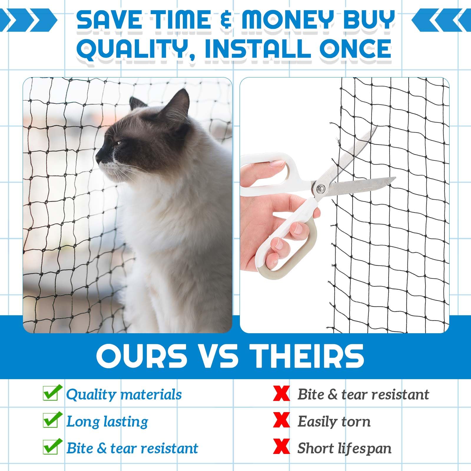 MorningRo Steel Cat Netting Balcony, 10ft x 20ft Steel Reinforced Cat Wire for Balcony, High Strength Safety Pet Netting for Cat