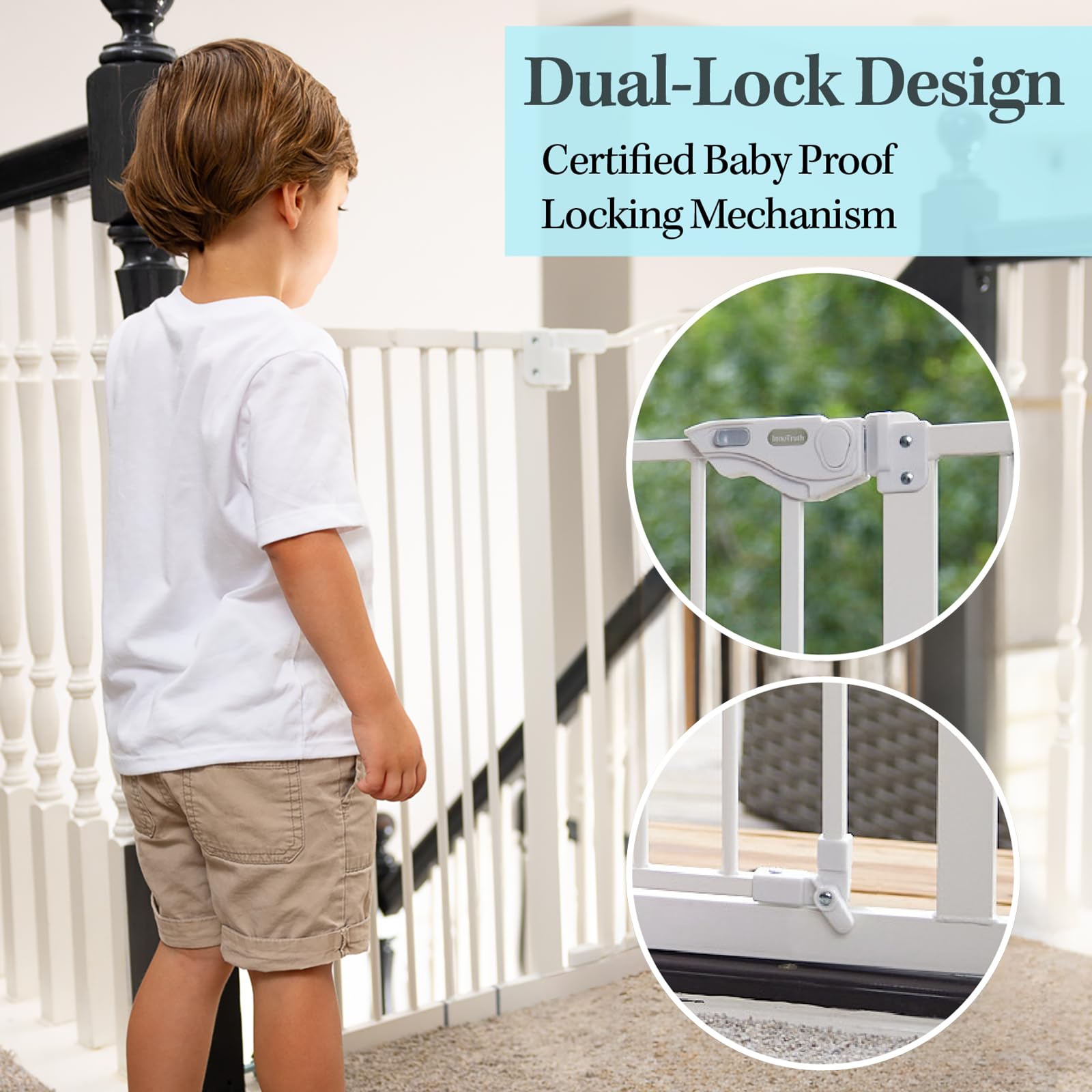 Innotruth 29-39.6' Baby Gate For Stairs, Auto Close Both Sides Dog Gate With One-Hand Opening, 30' Tall Safety Gates For Pets, Hallways, Bedrooms, Wall Pressure Mount No Drill, White
