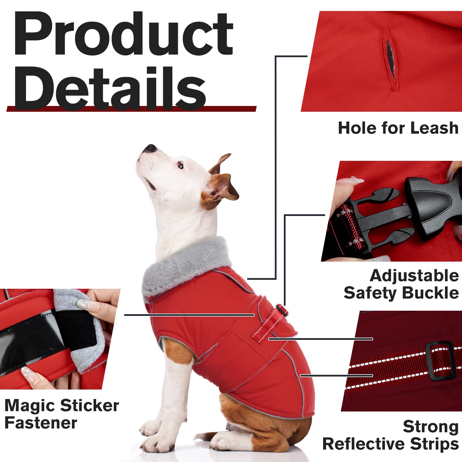 LeLePet Warm Dog Coat - Reflective Fleece Vest, Waterproof, Windproof, Size M, Red