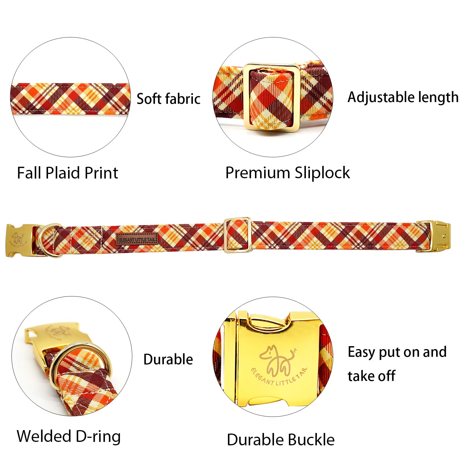 Elegant Little Tail Dog Collar - Orange Plaid Fall Pet Collar With Metal Buckle For Small Dogs, Puppies - Adjustable Cotton Coll