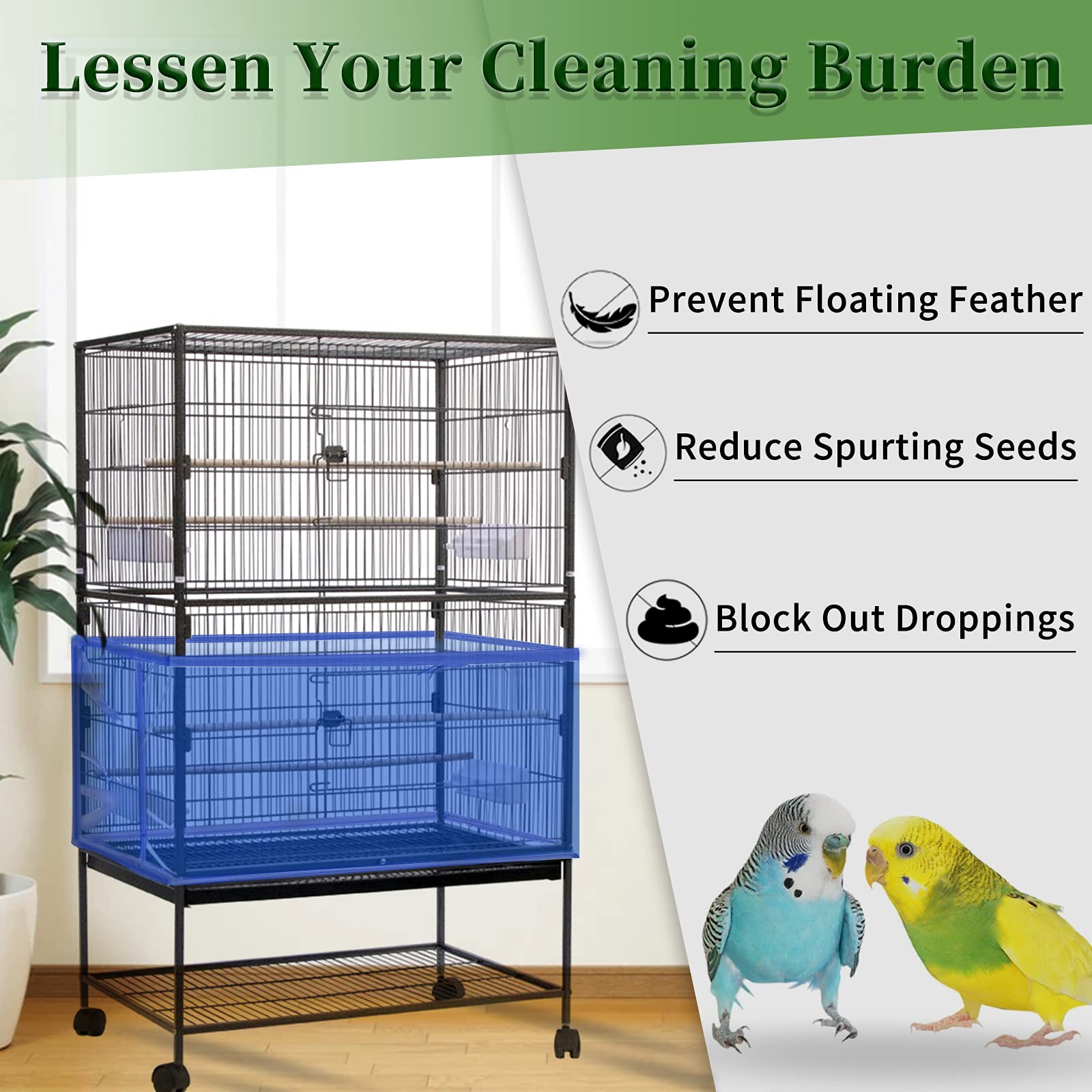 Daoeny Large Bird Cage Cover, Bird Cage Seed Catcher, Adjustable Soft Airy Nylon Mesh Net, Birdcage Cover Skirt Seed Guard For Parrot Parakeet Macaw African Round Square Cages (Blue)