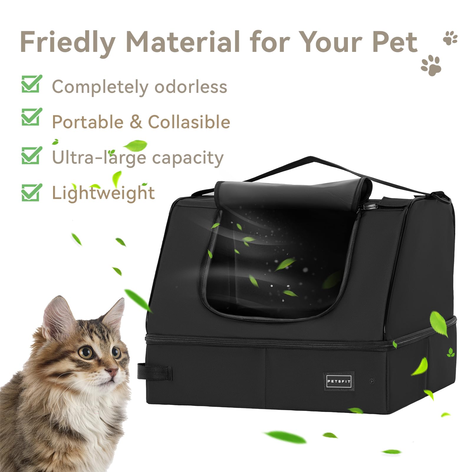Petsfit Upgrade Travel Portable Cat Litter Box For Medium Cats & Kitties,Leak-Proof, Lightweight, Foldable (Black(With Lid), 17' Lx13 Wx12.5 H)