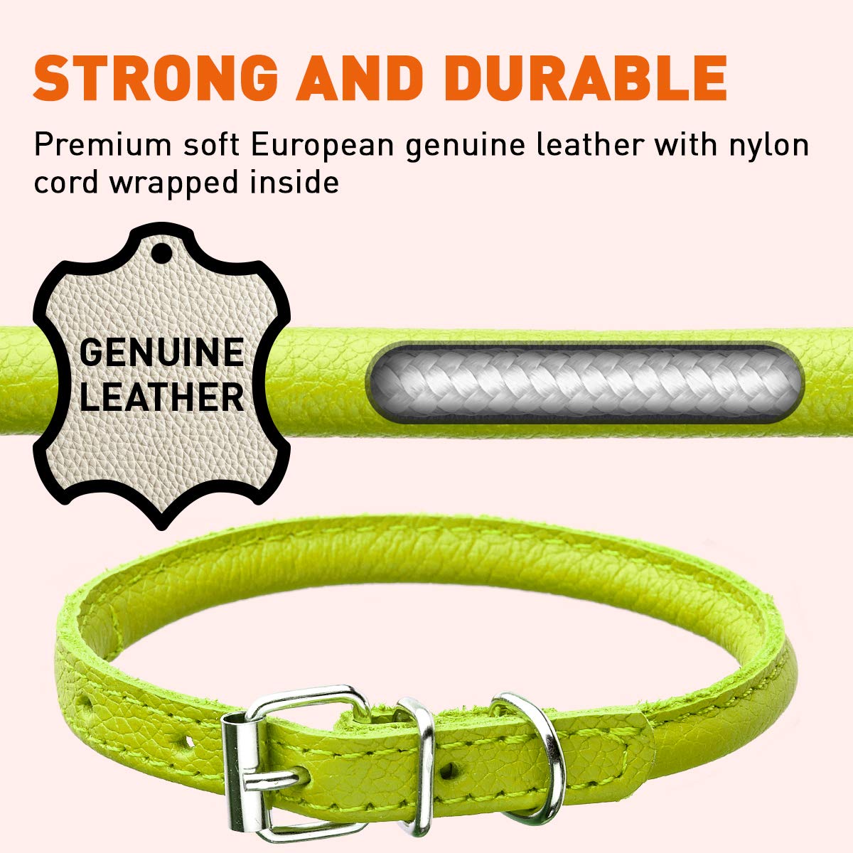 Dogline Soft And Padded Rolled Round Leather Collar For Dogs W1/4'' - L6''-8'', Green