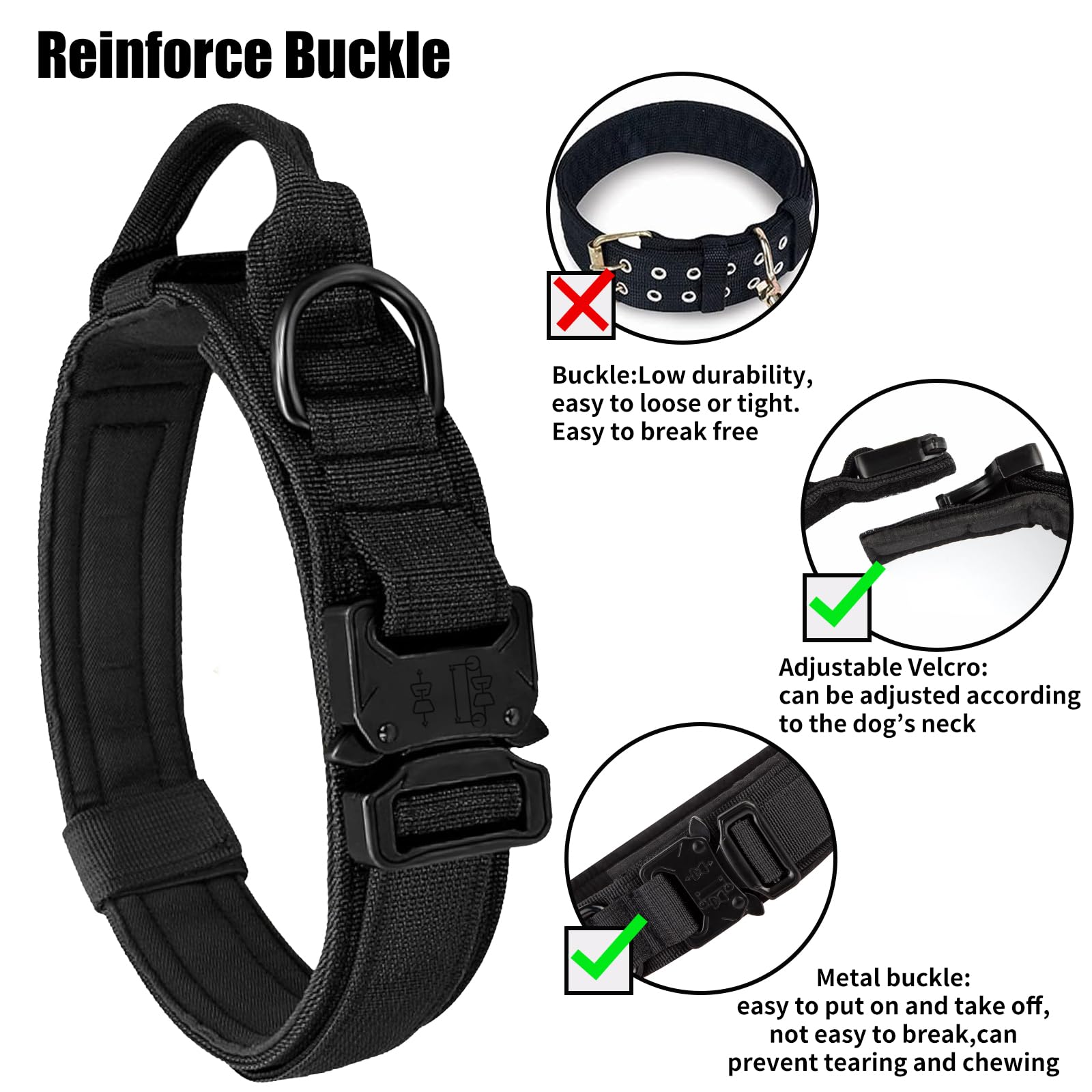 Tactical Military Dog Collar - Adjustable Heavy Duty Metal Buckle Nylon Collar With Control Handle For Small To Large Dogs (Blac