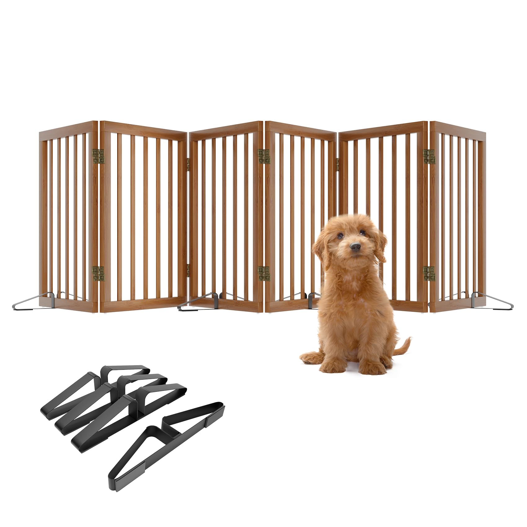 Freestanding Pet Gate Foldable Dog Gate (110 inches Wide) Walnut Bamboo Dog Gates for Stair Doorways House Puppy Fences Indoor (