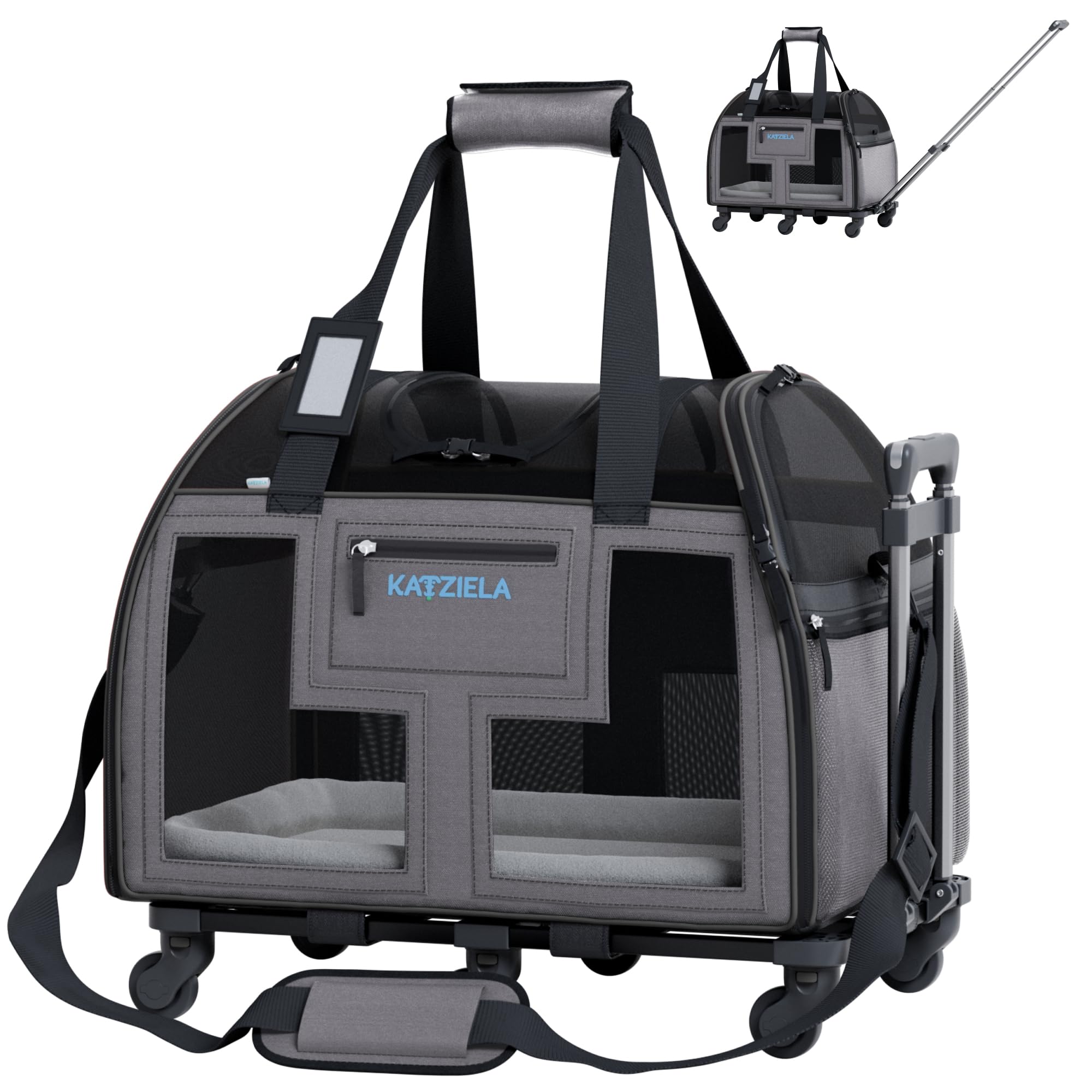 Katziela Airline Approved Pet Carrier - Rolling Portable Travel Carry Crate For Small Dog, Puppy Or Cat - Soft Removable Wheeled