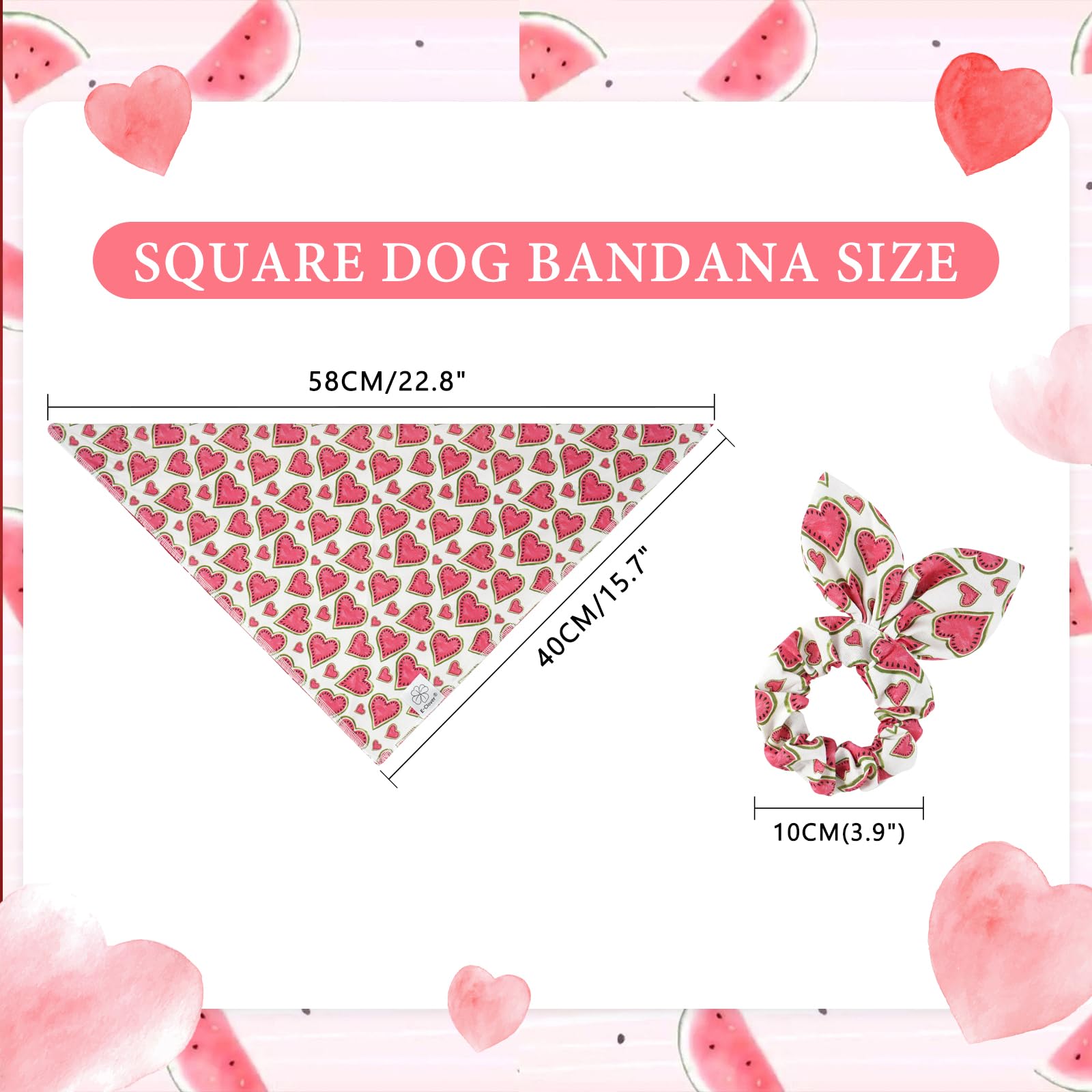E-Clover Pink Watermelon Dog Bandanas & Matching Scrunchie Set Cute Heart Dog Scarf Bibs Pet Bandana With Bow Tie For Small Dogs