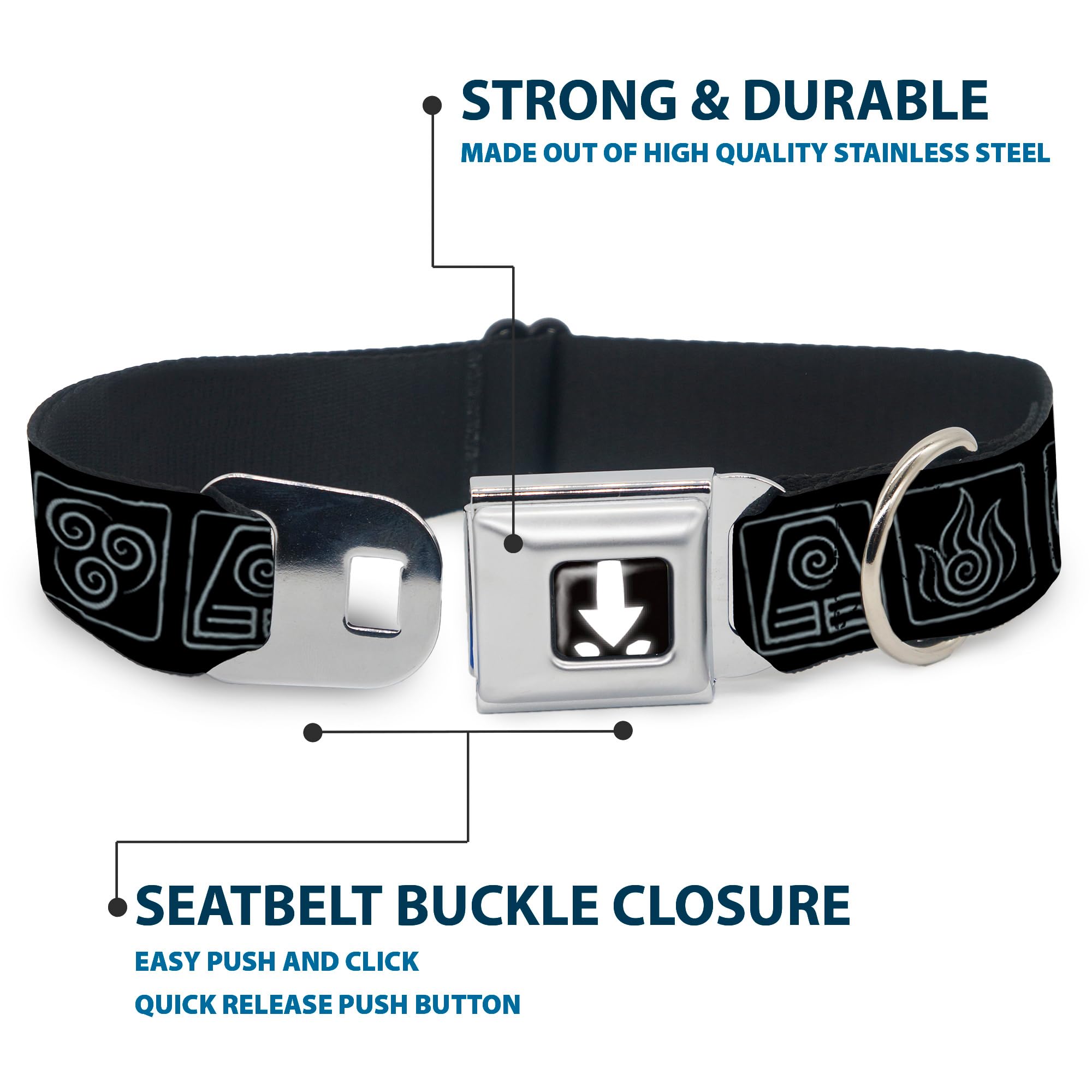 Buckle-Down Dog Collar Seatbelt Buckle Avatar The Last Airbender Bending Elements Icons Black Gray, 1' Wide - Fits 9.5-13' Nec