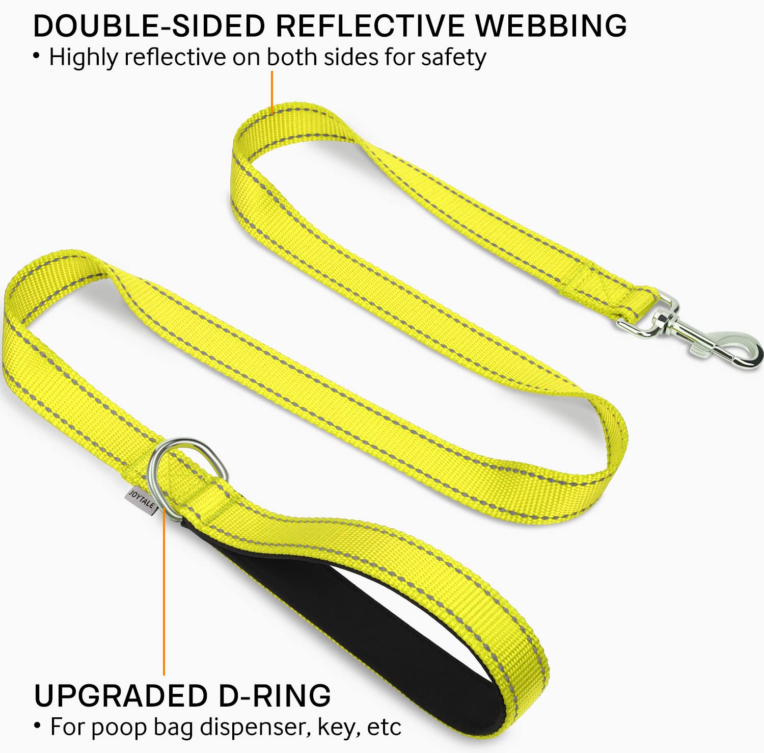 Joytale Double-Sided Reflective Dog Leash, 6 Ft/5 Ft/4 Ft, Padded Handle Nylon Dogs Leashes For Small & Medium Dogs Walking, Yellow, 5Ft