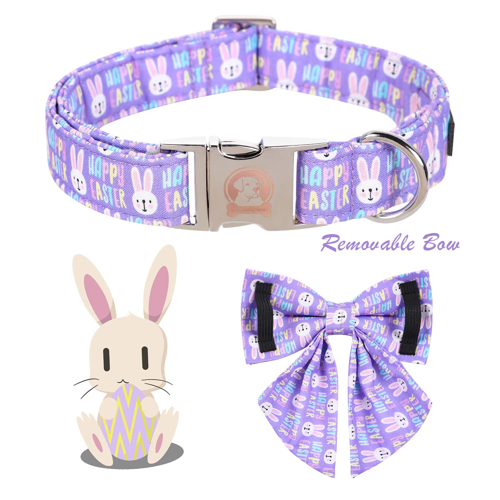 Mr. Chubbyface Easter Dog Collar Purple Rabbit Dog Collar With Flower Adjustable Dog Collar Bowtie For Small Medium Large Dogs