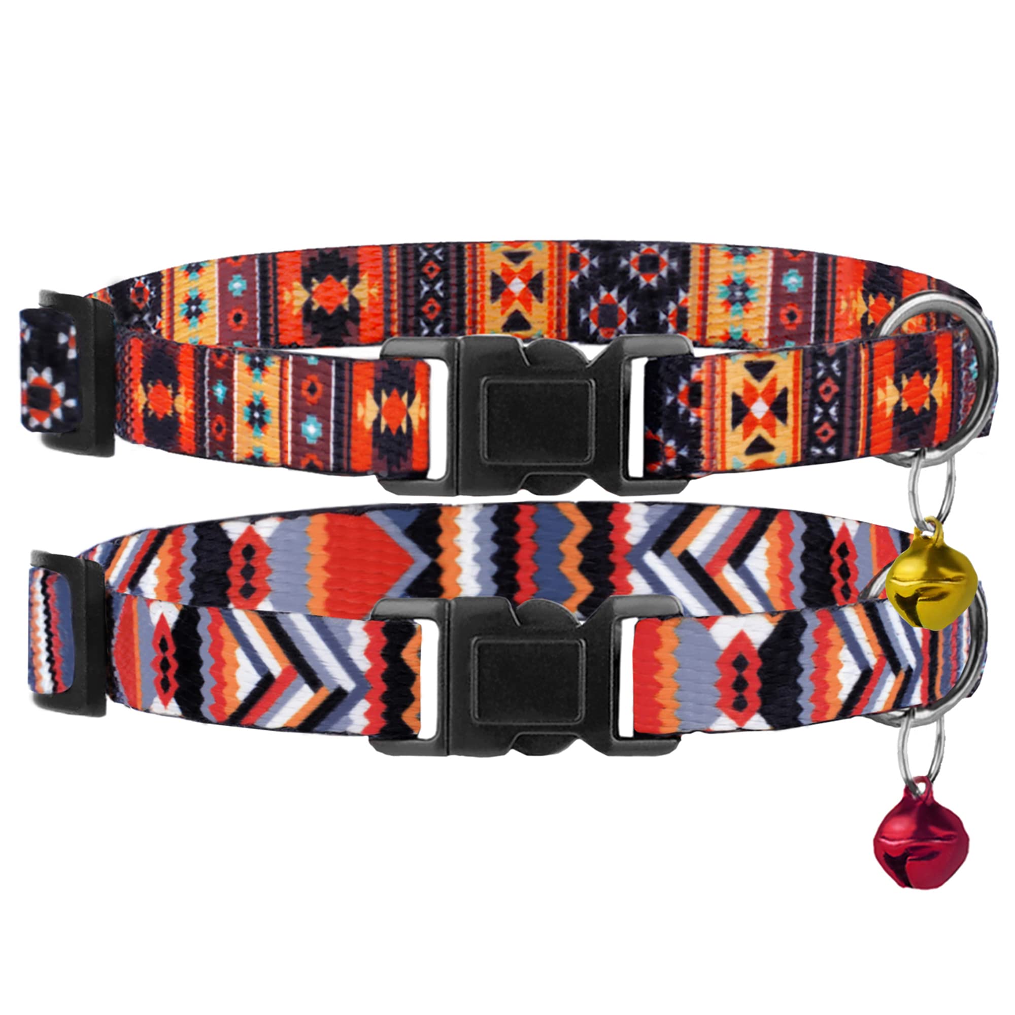Breakaway Cat Collar With Bell - 2 Pack Safety Tribal Pattern Geometric Aztec Print Collars For Cats Kitten (Tribal + Geometric)
