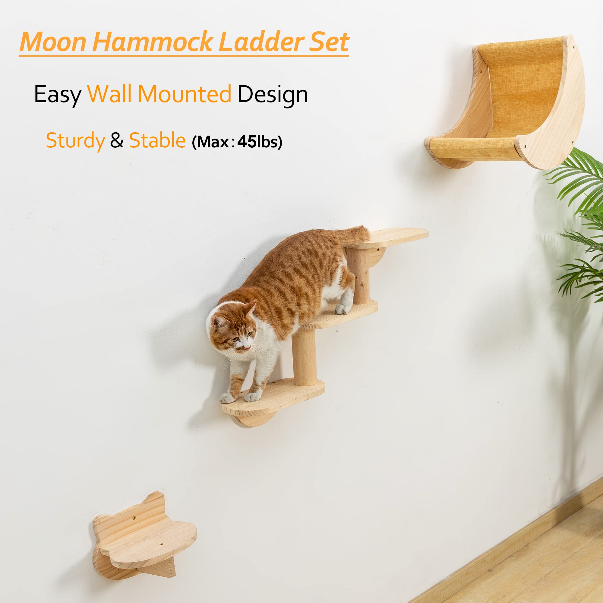 Cat Shelf for Wall Mount Hammock with 3-Levels Climbing Ladder and Shelves Moon Cats Wall Furniture for Activity Indoor Kitty (3