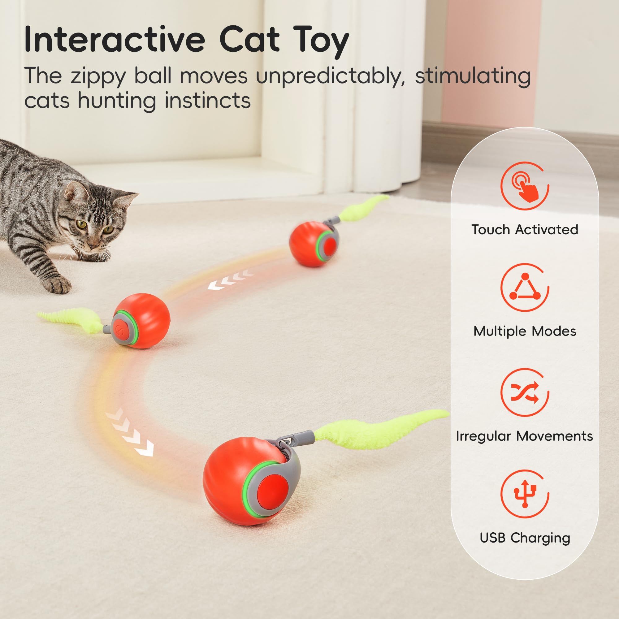 Potaroma Moving Ball Cat Toys With Feather Tail, Rechargeable 2025 New Interactive Toy For Indoor Cats Exercise, Smart Interacti