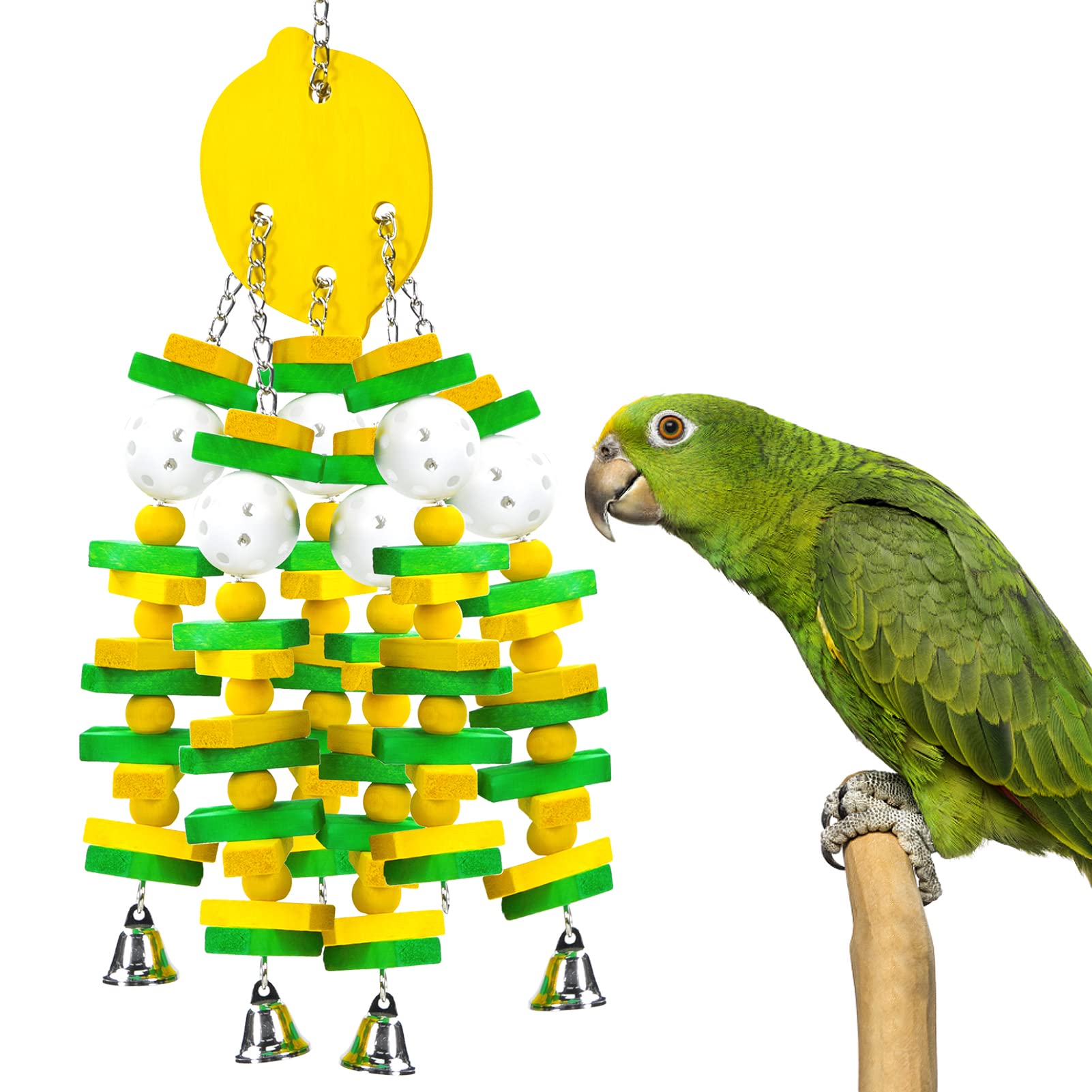 Mewtogo Parrot Toys, Safe Healthy Parrots Cage Chewing Toy With Colorful Wood Blocks Crisp Bells For Macaws African Grey And Ama