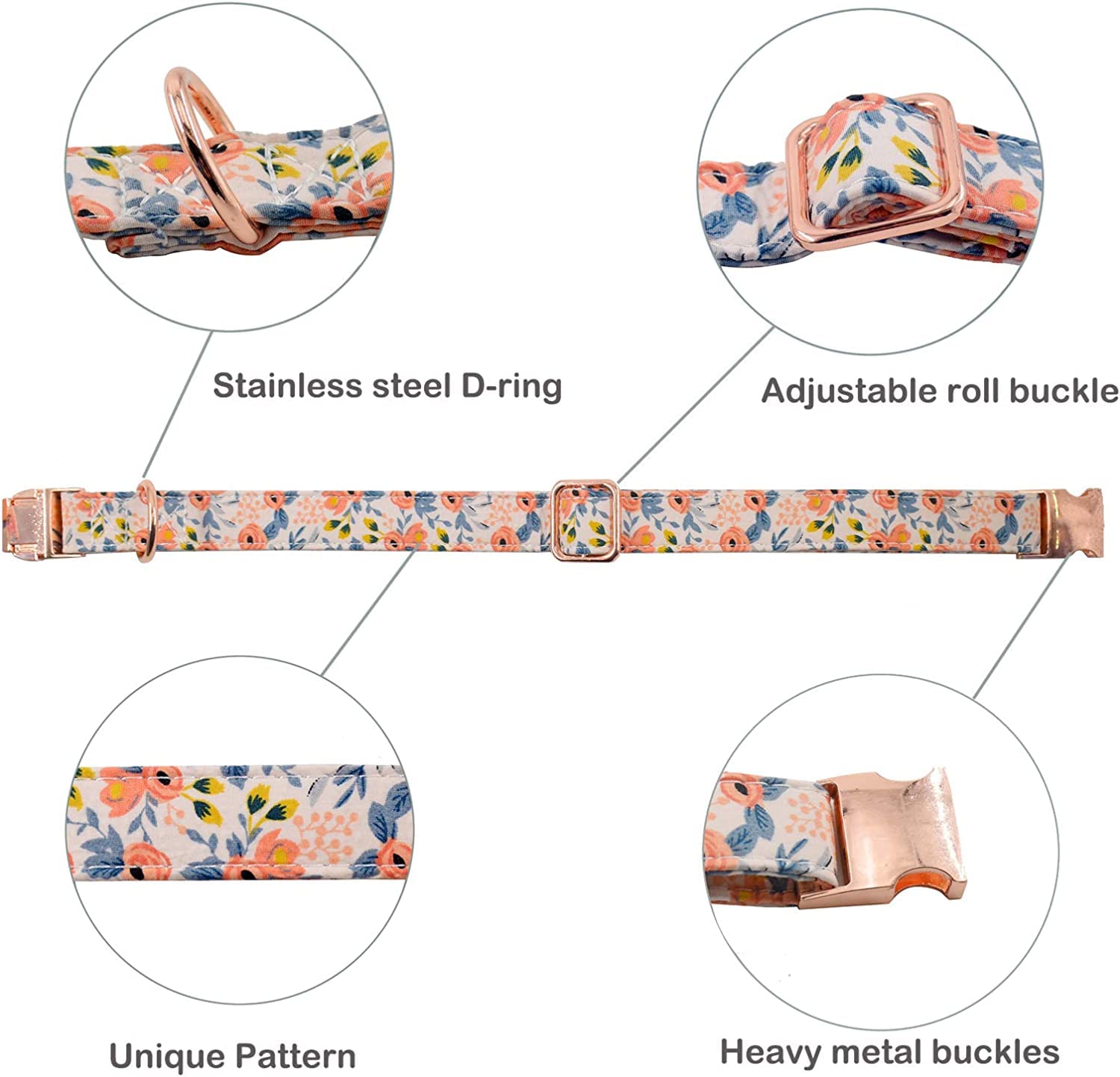 Xdudeed Wud Dog Collar, Cute Flower Floral Patterns Pet Collars For Girl Female Boy Small Medium Large Dogs, Strong Rose Gold Me