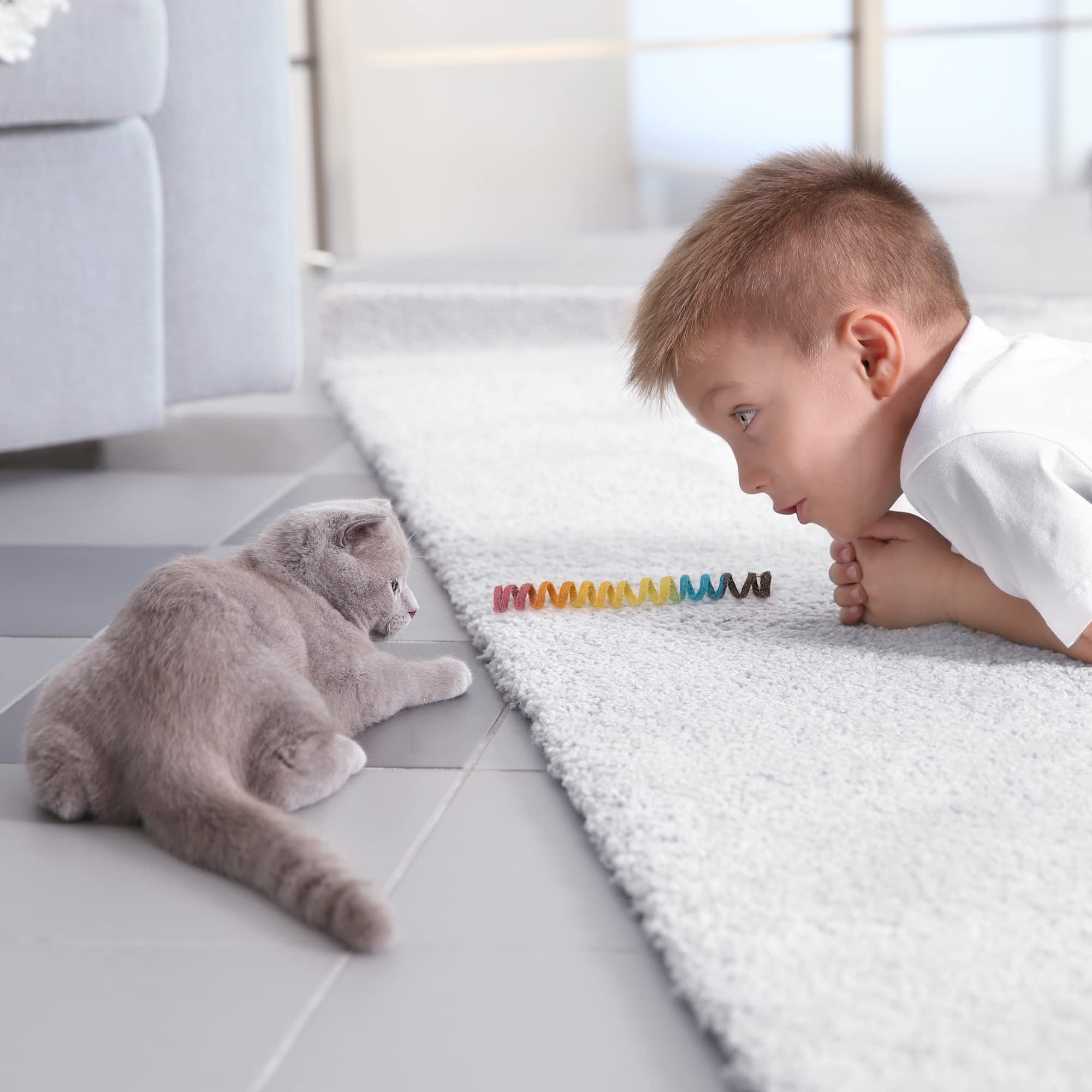 Glaciart One Felt Spring Cat Toy – 5 Pcs Soft Fuzzy Enrichment 100% Natural Wool - Interactive Stretchable Play Cat Toy Set - Safe For Pets, Non-Azo Colored Dyes - 30” Long