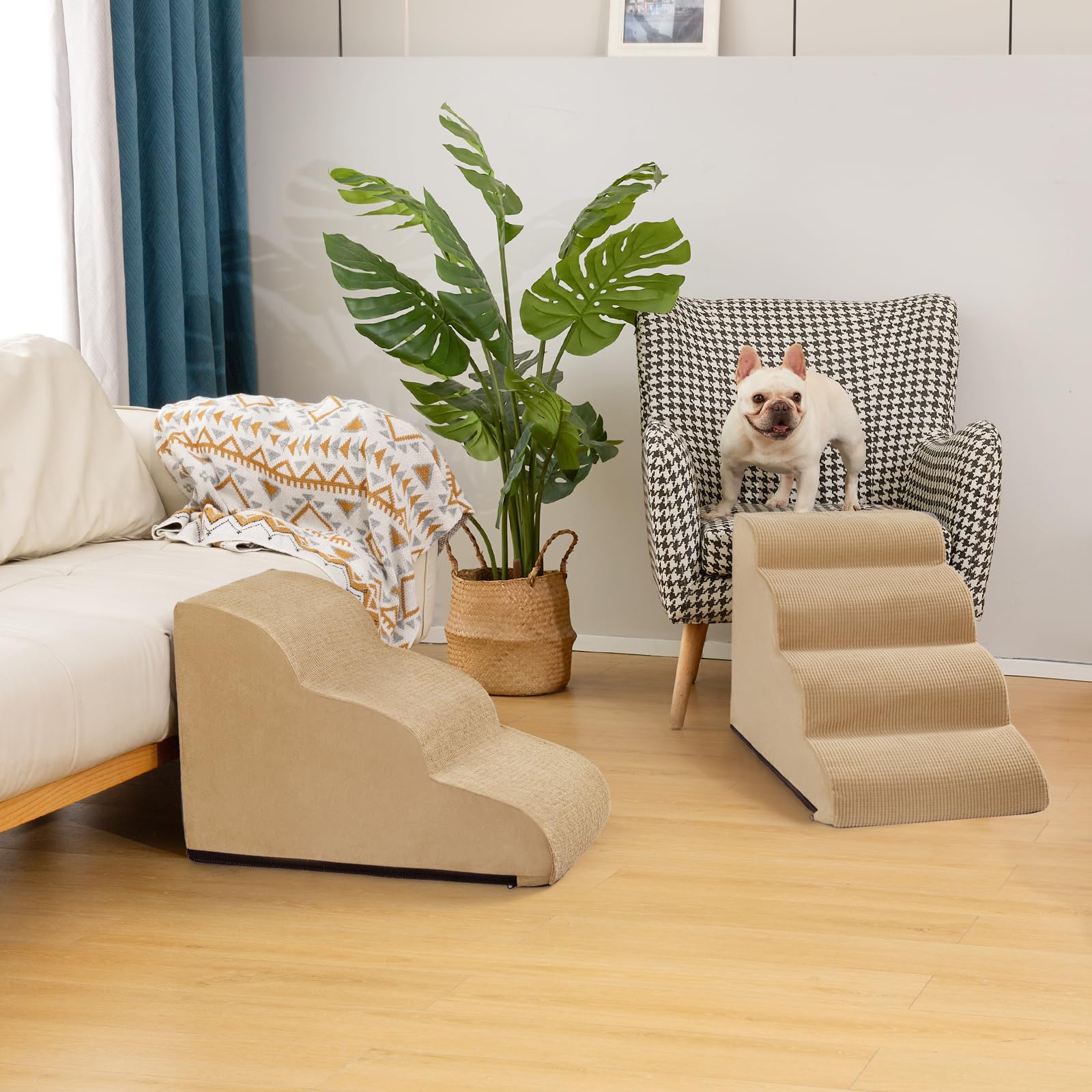 Aodisman 3-Step Dog Ramp and Stairs for Sofa and Chair - Non-Slip Sturdy Pet Steps for Small Dogs and Cats,15.7 H,Khaki