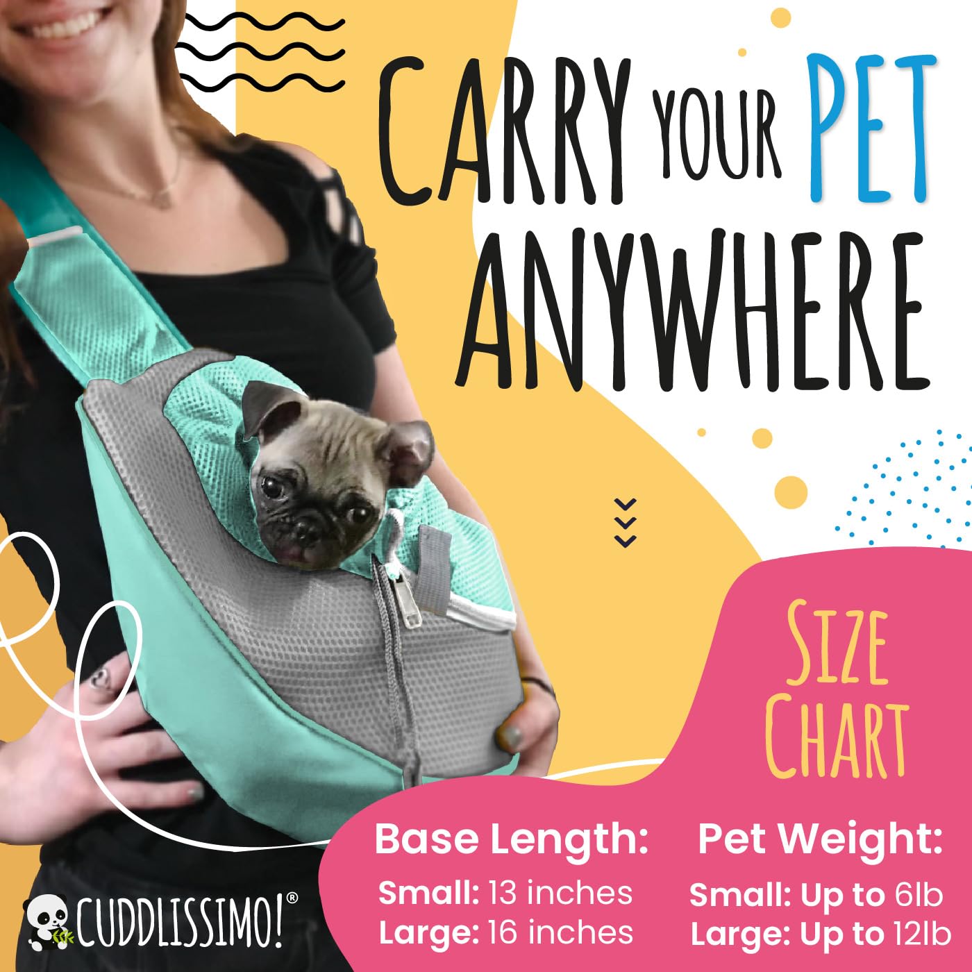Cuddlissimo! Pet Sling Carrier - Small Dog Puppy Cat Carrying Bag Purse Pouch -For Pooch Doggy Doggie Yorkie Chihuahua Baby Papo