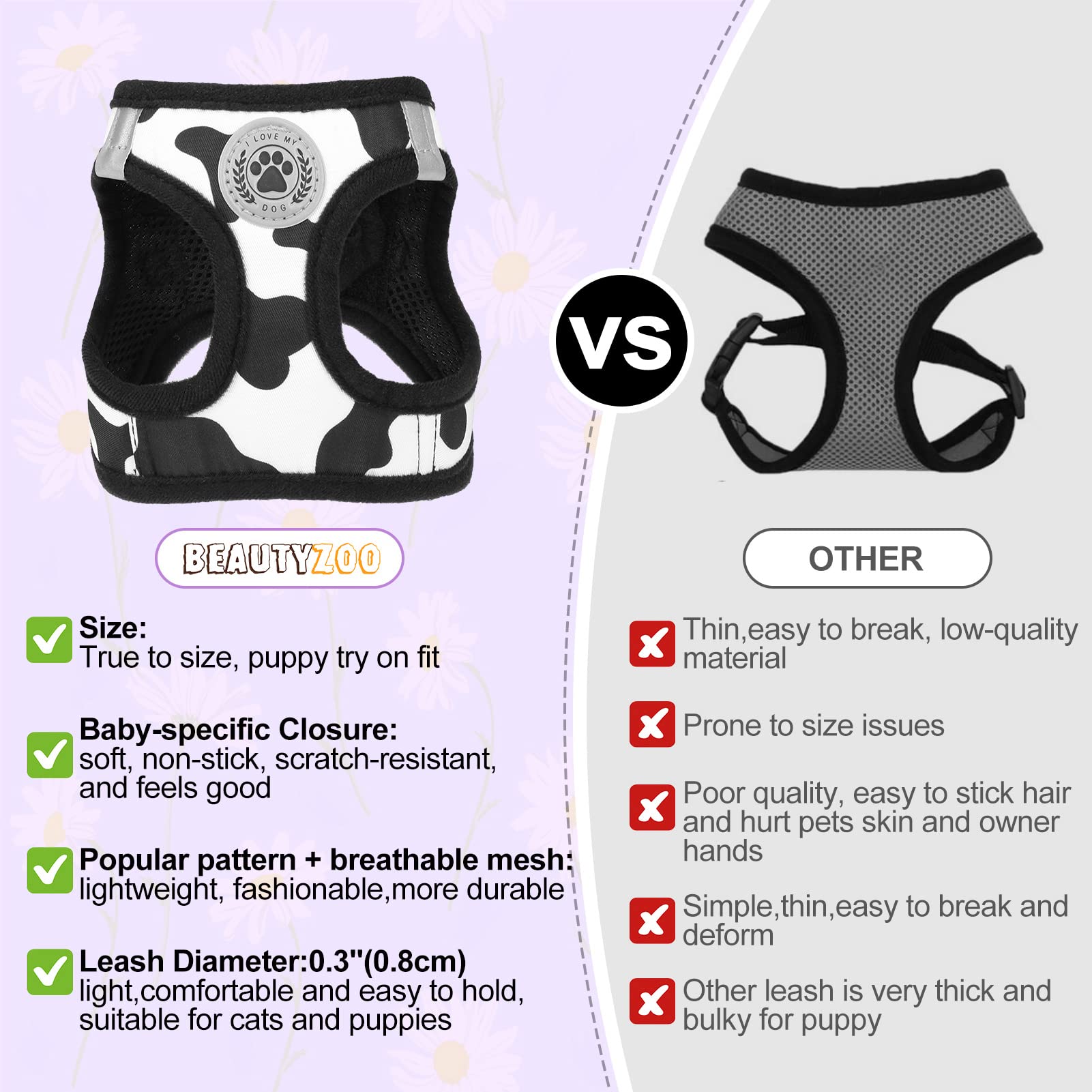 Beautyzoo Small Dog Harness And Leash Set, Cow Print Step In Dog Harness No Pull No Choke Puppy Harness Reflective For Xxs Xs S