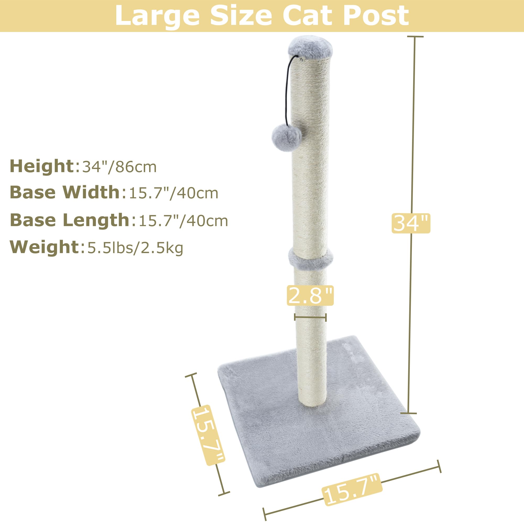 Dimaka 34' Tall Cat Scratching Post For Indoor Cats, Large Cat Claw Scratcher With Premium Sisal Rope, Sturdy Scratch Tree Wtih Dangling Toy Ball(Grey)