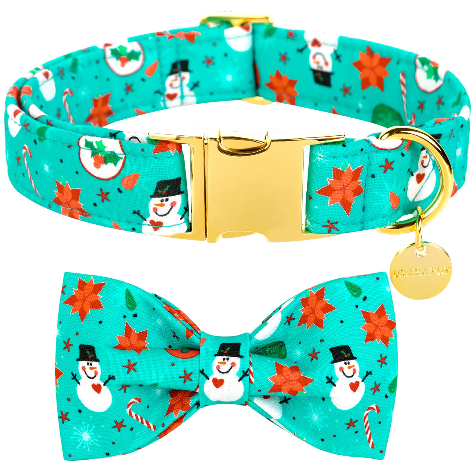 Up Urara Pup Dog Collar With Bow Tie, Christmas Comfortable Cotton Dog Bowtie Collar, Snowman Collar For Medium Girl Boy Dog, Durable Metal Buckle Green Dog Collar Bowtie, M, Neck 13.5-22In, Winter