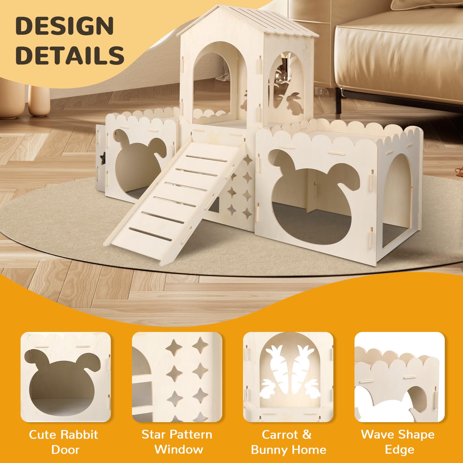 Large Rabbit Hideout Bunny Castle, Wooden Bunny House & Hay Feeder, Detachable Rabbit Hideaway, Indoor Rabbit Castle With Ramp,